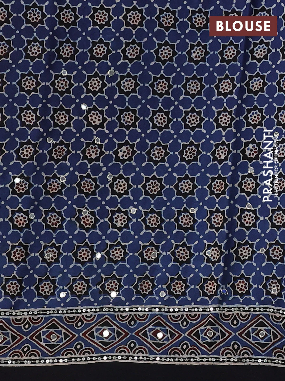 Modal silk saree blue and black with allover ajrakh prints & sequin work and sequin embroidered work pallu - Image 3