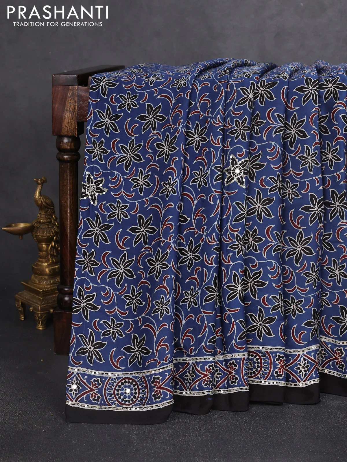 Modal silk saree blue with allover ajrakh prints & sequin work and sequin embroidered work pallu