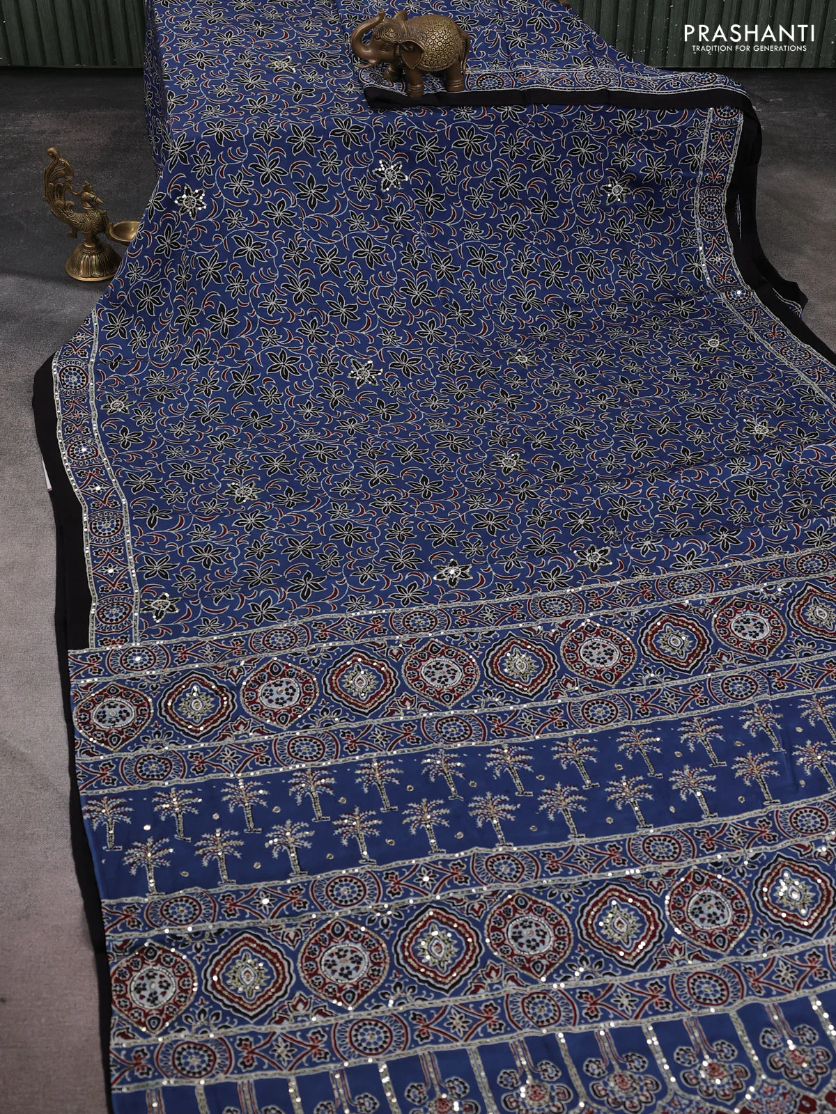 Modal silk saree blue with allover ajrakh prints & sequin work and sequin embroidered work pallu - Image 2