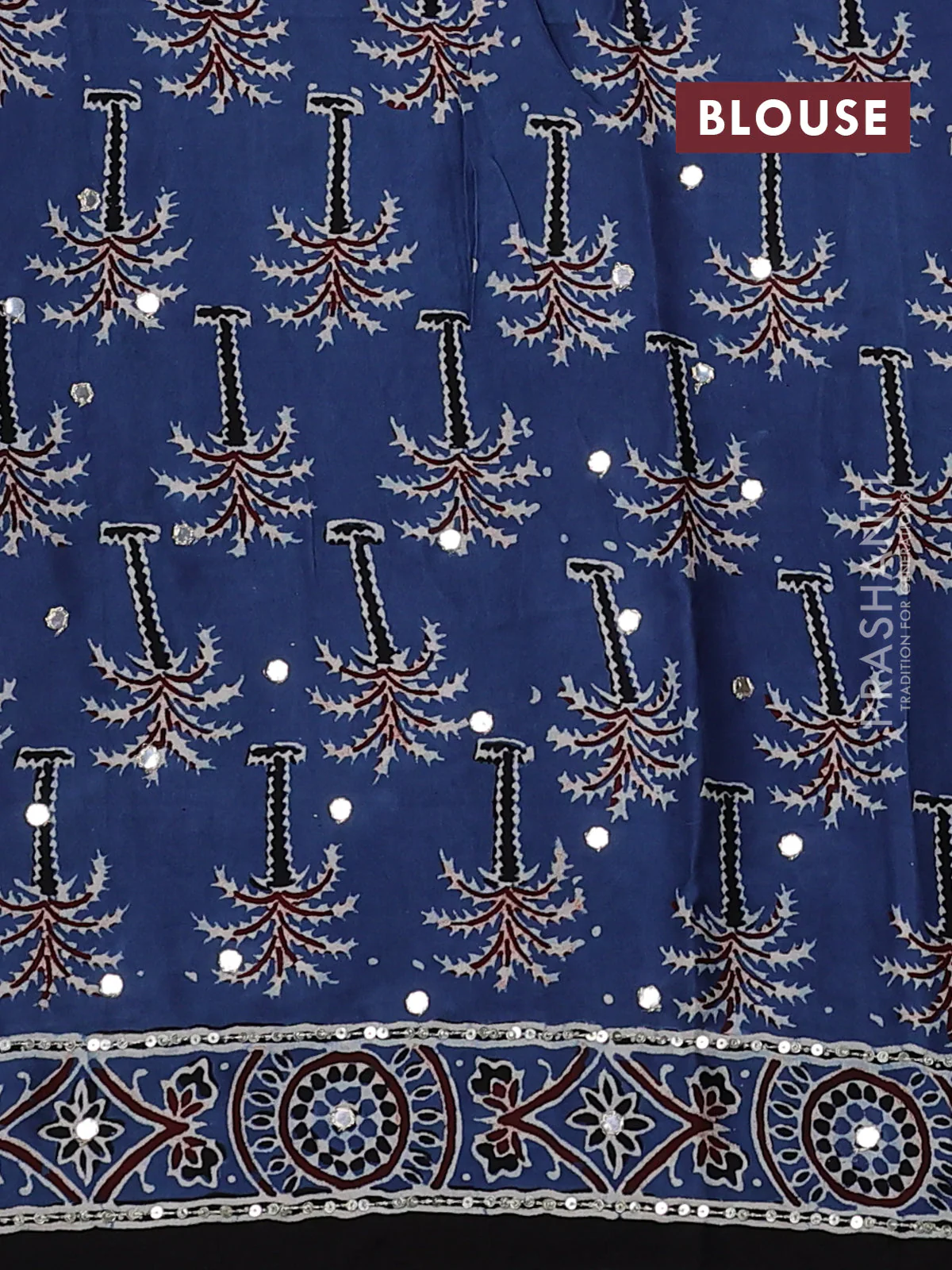 Modal silk saree blue with allover ajrakh prints & sequin work and sequin embroidered work pallu - Image 3