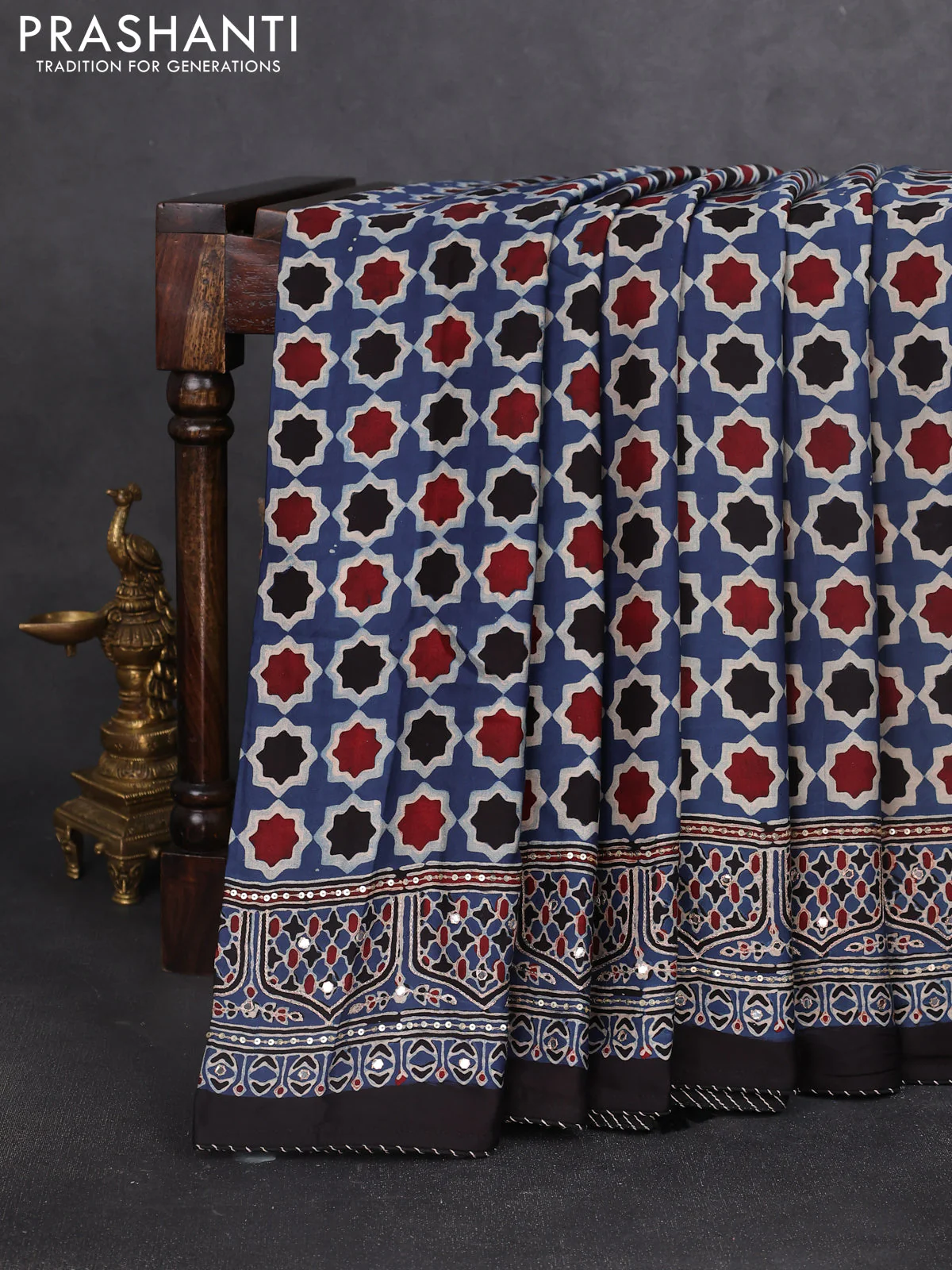 Modal silk saree indigo blue and beige with allover ajrakh prints and sequin embroidered work pallu