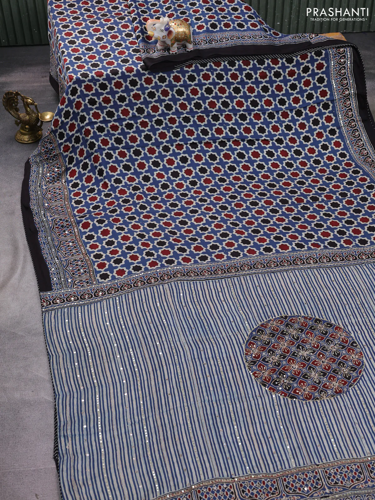 Modal silk saree indigo blue and beige with allover ajrakh prints and sequin embroidered work pallu - Image 2