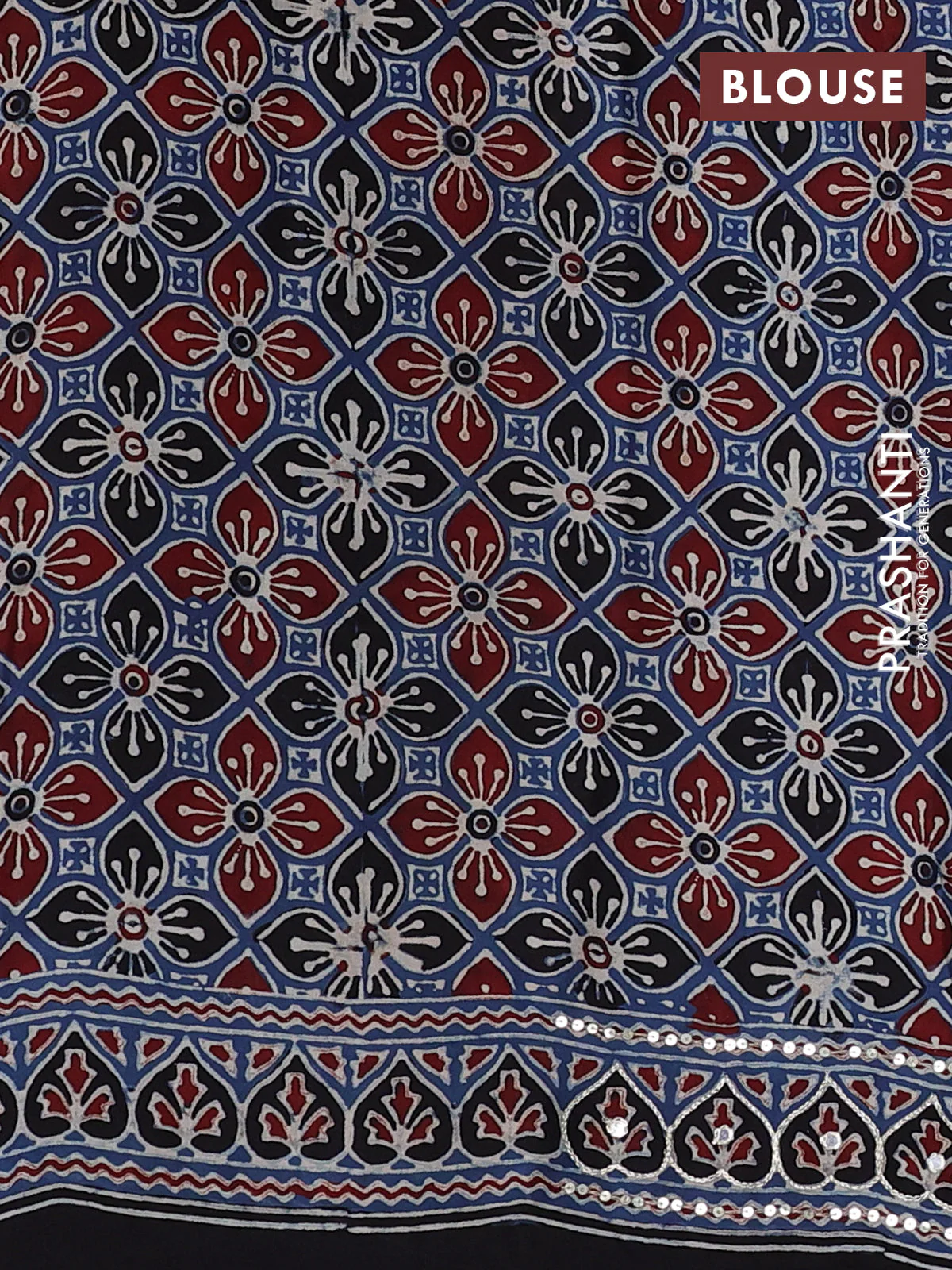 Modal silk saree indigo blue and beige with allover ajrakh prints and sequin embroidered work pallu - Image 3