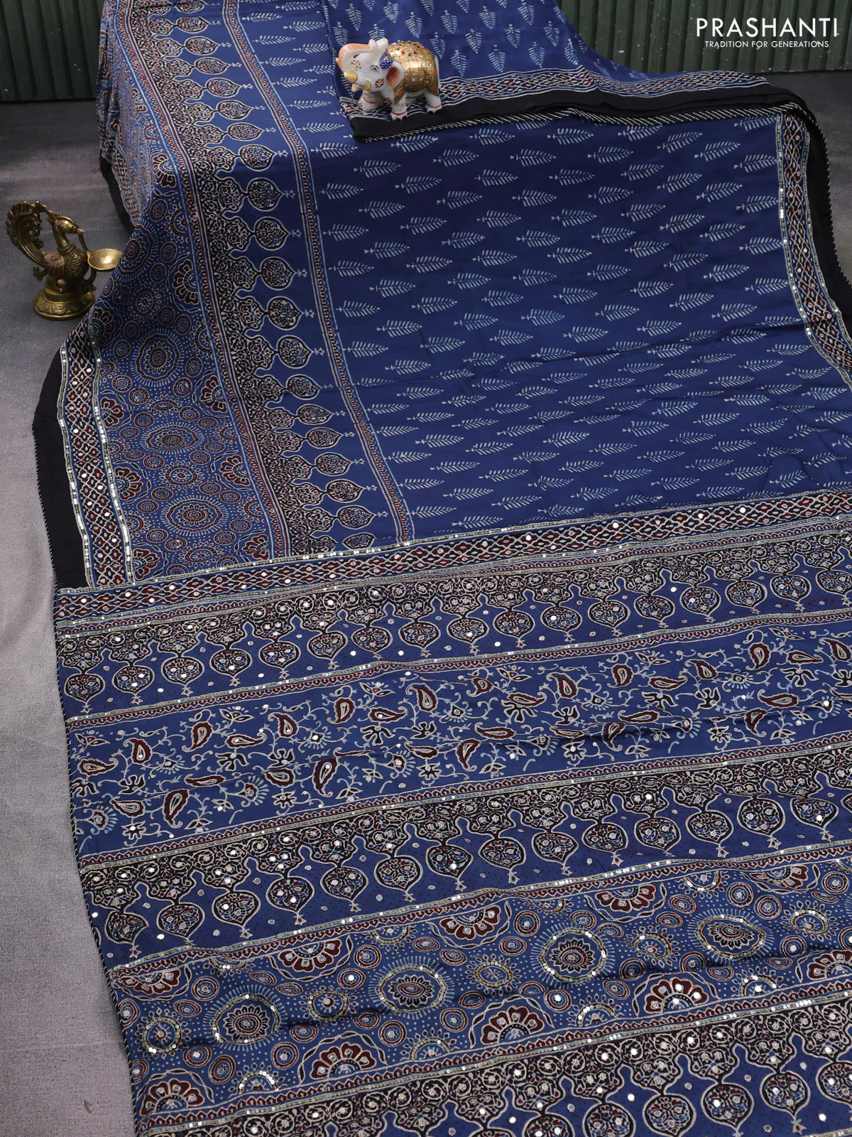 Modal silk saree indigo blue and black with allover ajrakh prints and sequin embroidered work pallu - Image 2