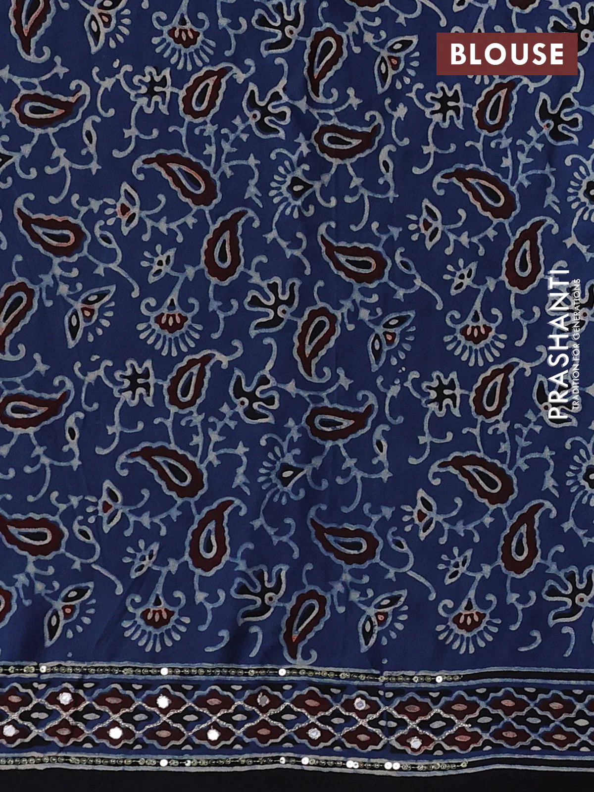 Modal silk saree indigo blue and black with allover ajrakh prints and sequin embroidered work pallu - Image 3