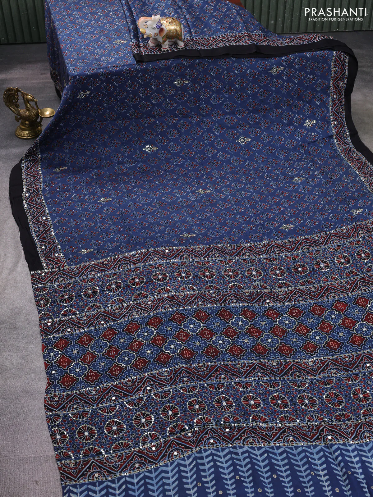 Modal silk saree indigo blue and black with allover ajrakh prints & sequin work and sequin embroidered work pallu - Image 2