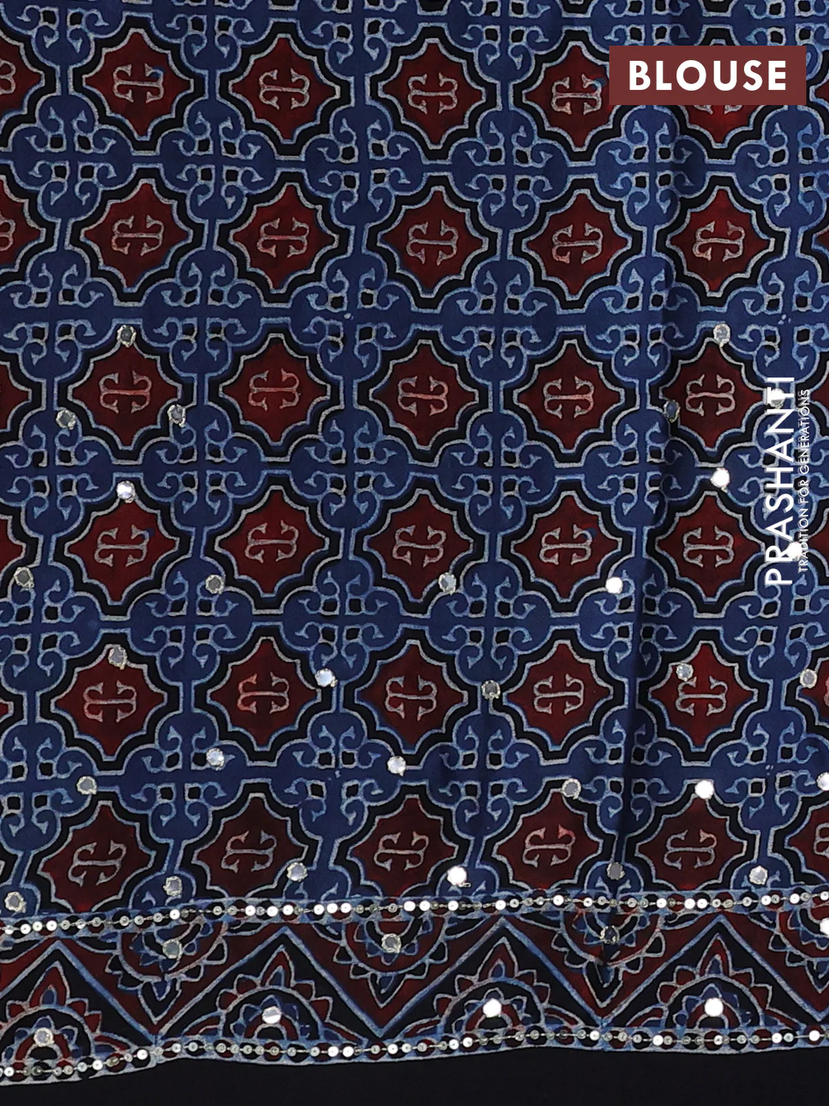Modal silk saree indigo blue and black with allover ajrakh prints & sequin work and sequin embroidered work pallu - Image 3