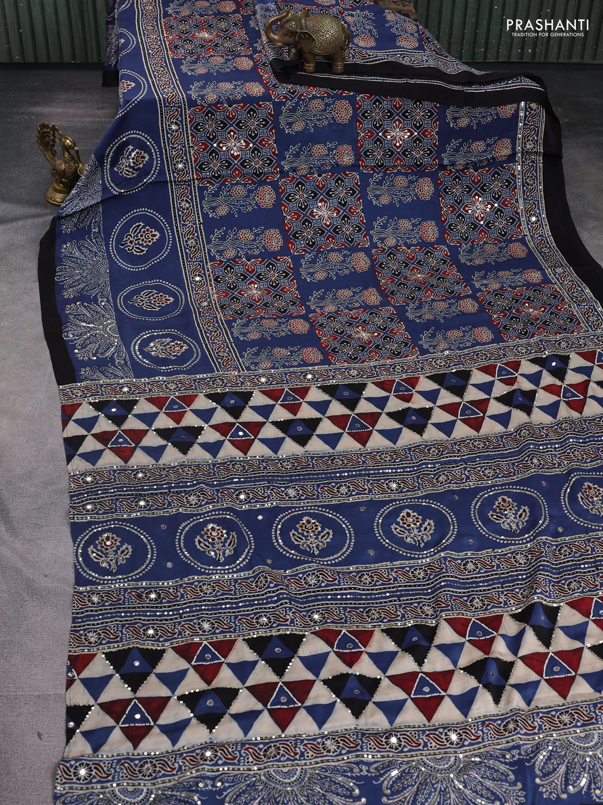 Modal silk saree indigo blue and black with allover ajrakh prints & sequin work and sequin embroidered work pallu - Image 2