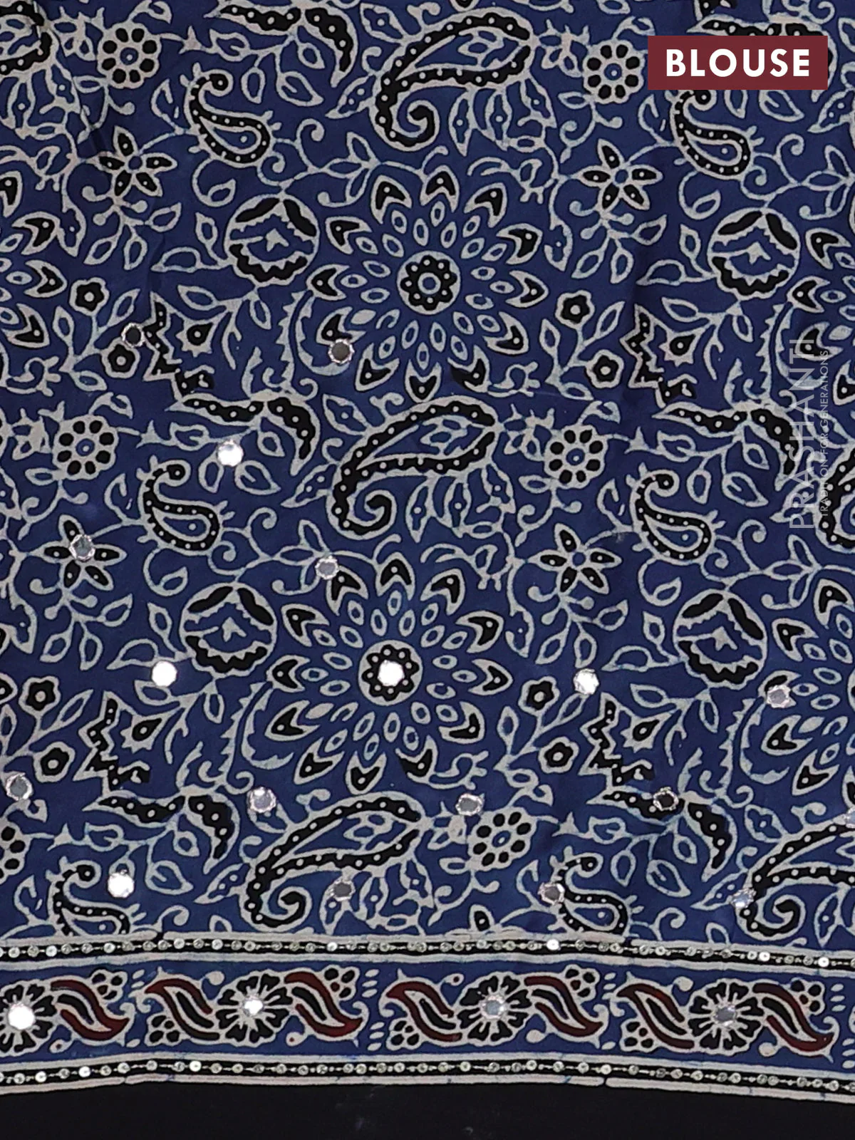 Modal silk saree indigo blue and black with allover ajrakh prints & sequin work and sequin embroidered work pallu - Image 3