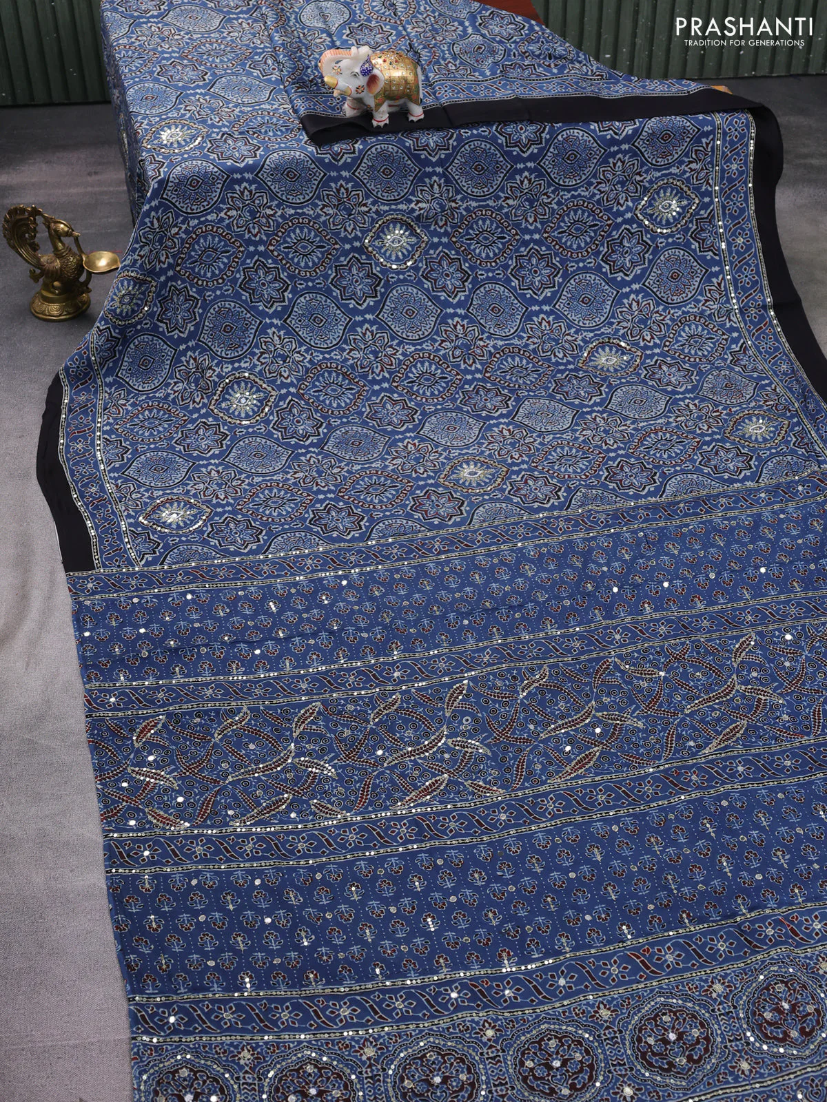 Modal silk saree indigo blue and black with allover ajrakh prints & sequin work and sequin embroidered work pallu - Image 2