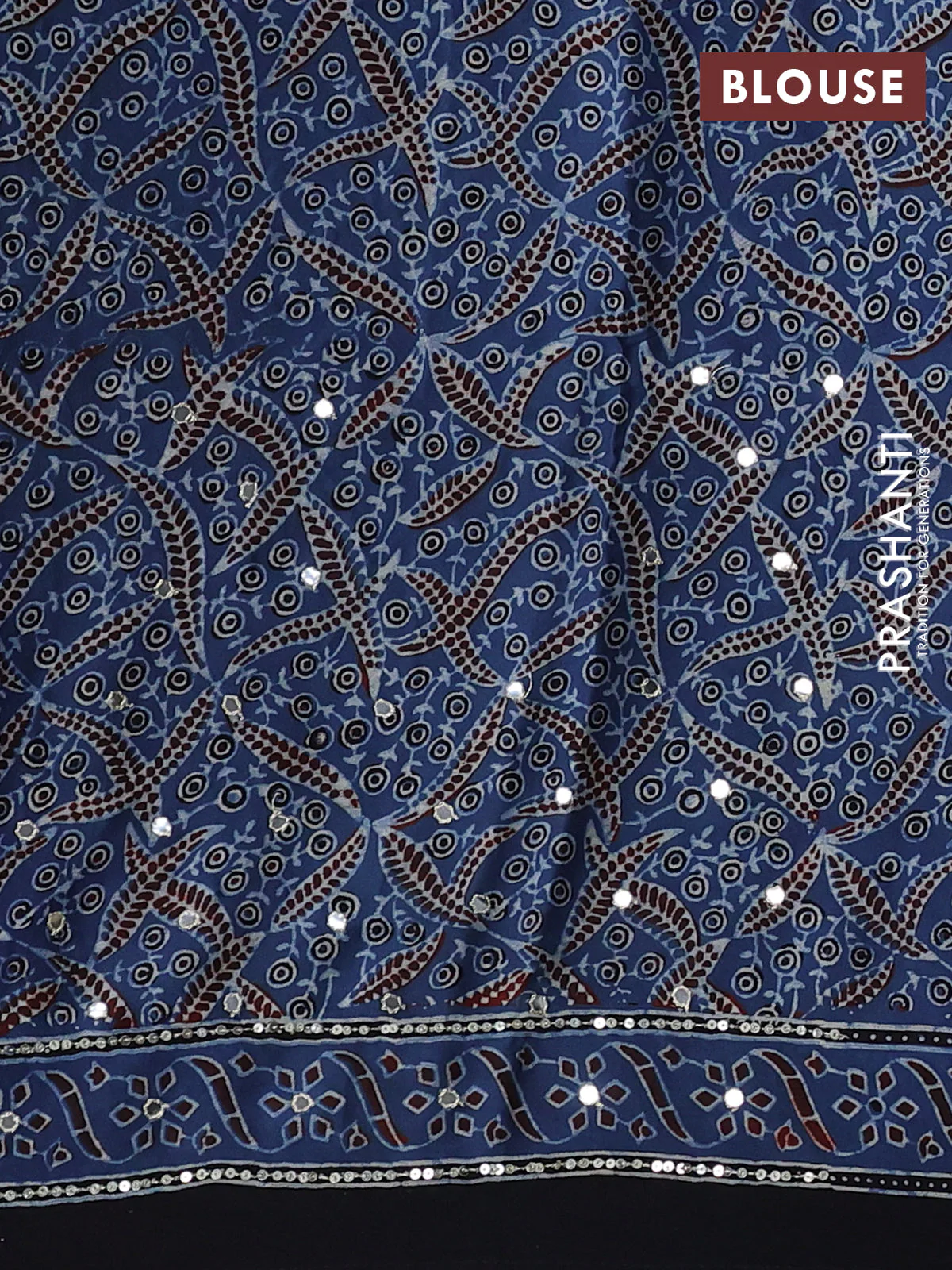 Modal silk saree indigo blue and black with allover ajrakh prints & sequin work and sequin embroidered work pallu - Image 3