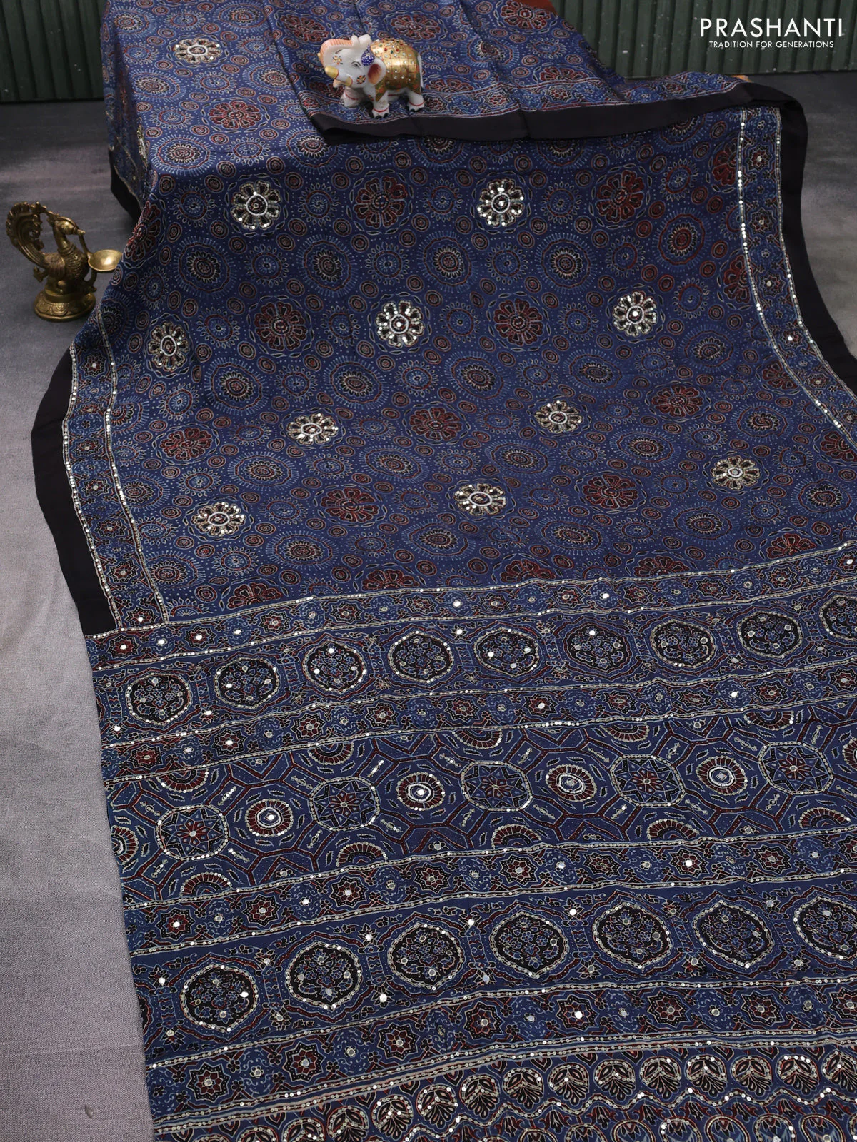 Modal silk saree indigo blue and black with allover ajrakh prints & sequin work and sequin embroidered work pallu - Image 2