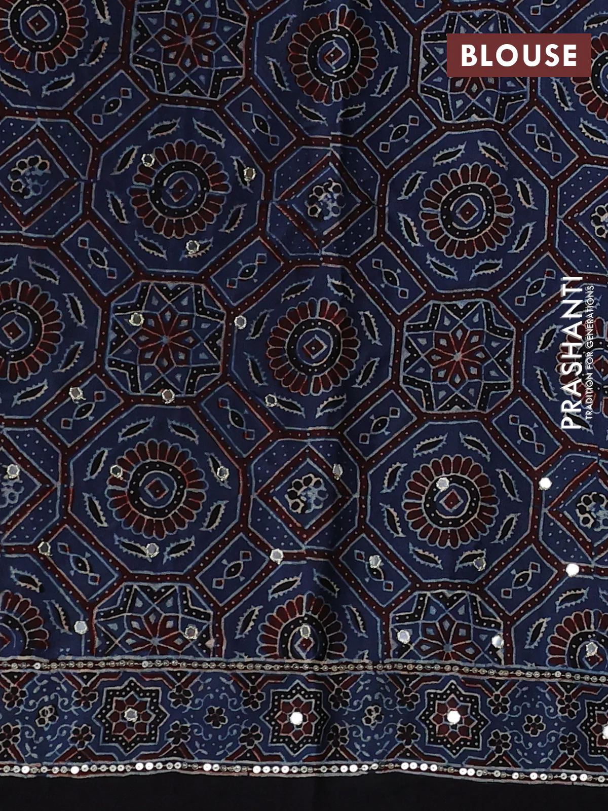 Modal silk saree indigo blue and black with allover ajrakh prints & sequin work and sequin embroidered work pallu - Image 3