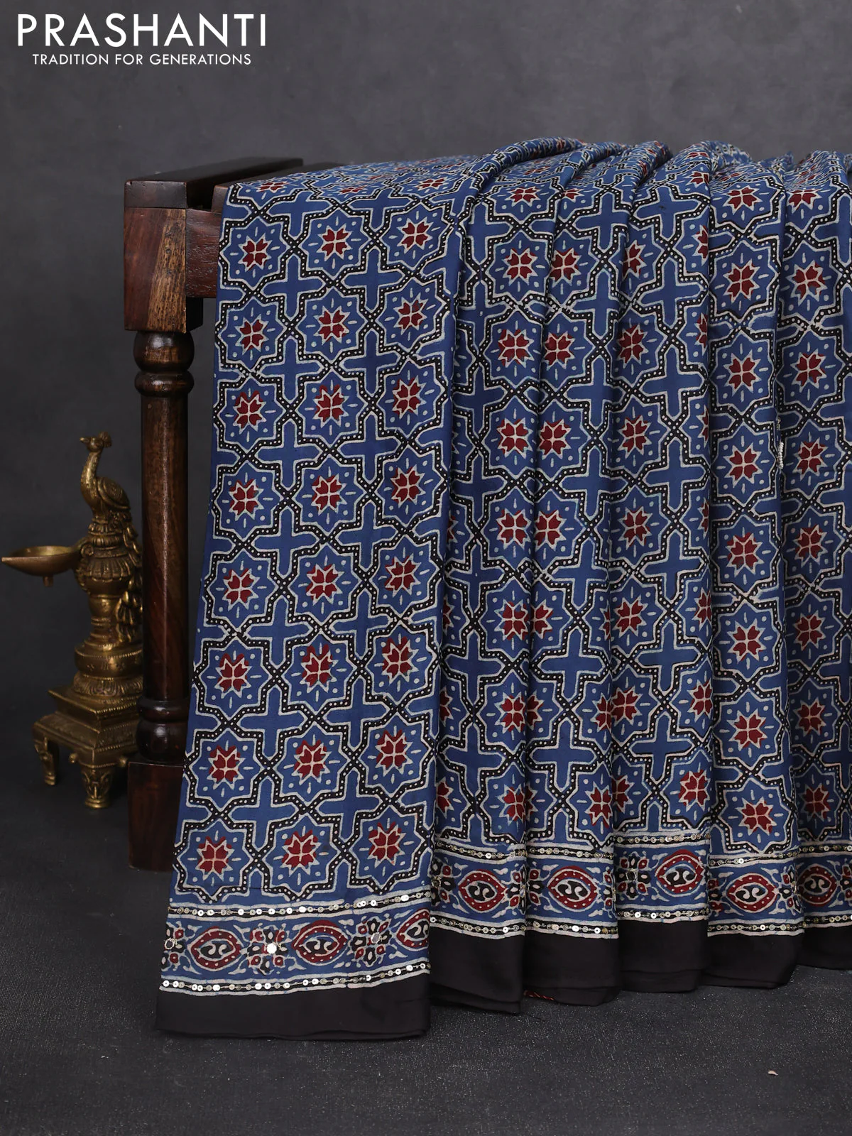 Modal silk saree indigo blue with allover ajrakh prints & sequin work and sequin embroidered work pallu