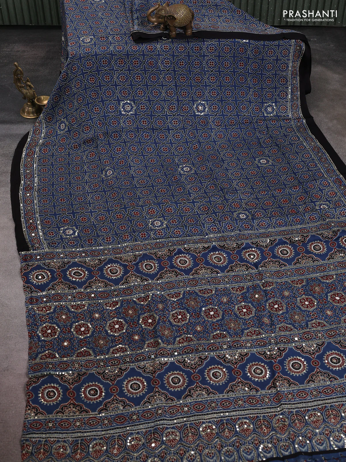 Modal silk saree indigo blue with allover ajrakh prints & sequin work and sequin embroidered work pallu - Image 2
