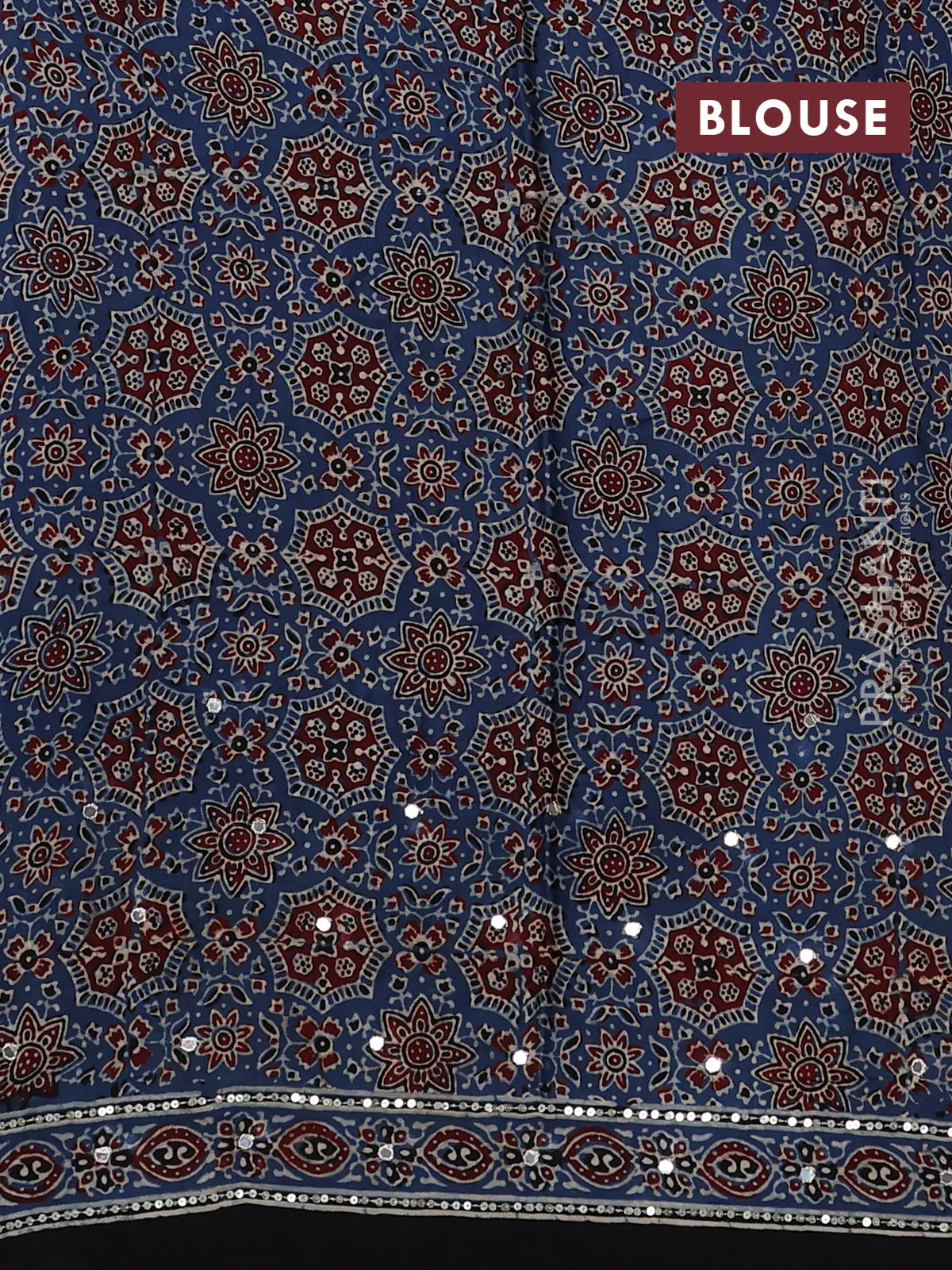 Modal silk saree indigo blue with allover ajrakh prints & sequin work and sequin embroidered work pallu - Image 3
