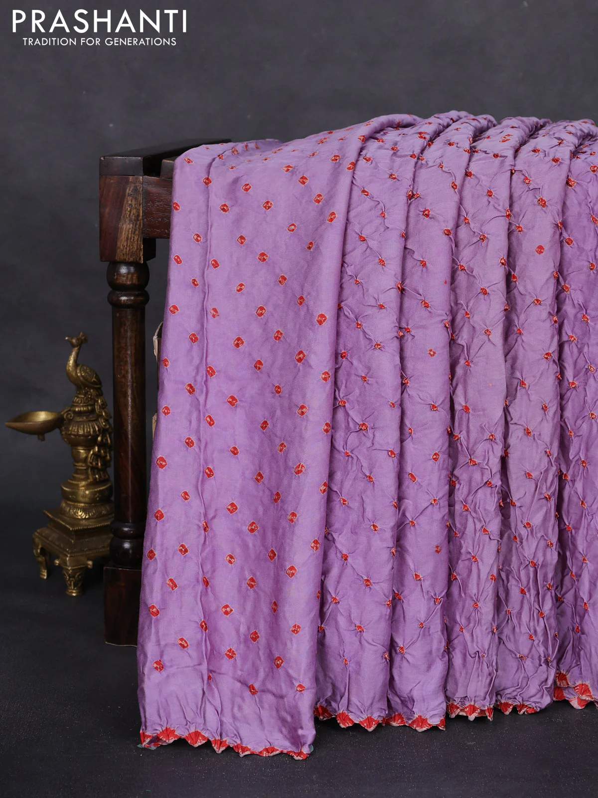 Modal silk saree lavender and maroon with allover bandhani butta prints and ajrakh printed pallu & Blouse - Image 2