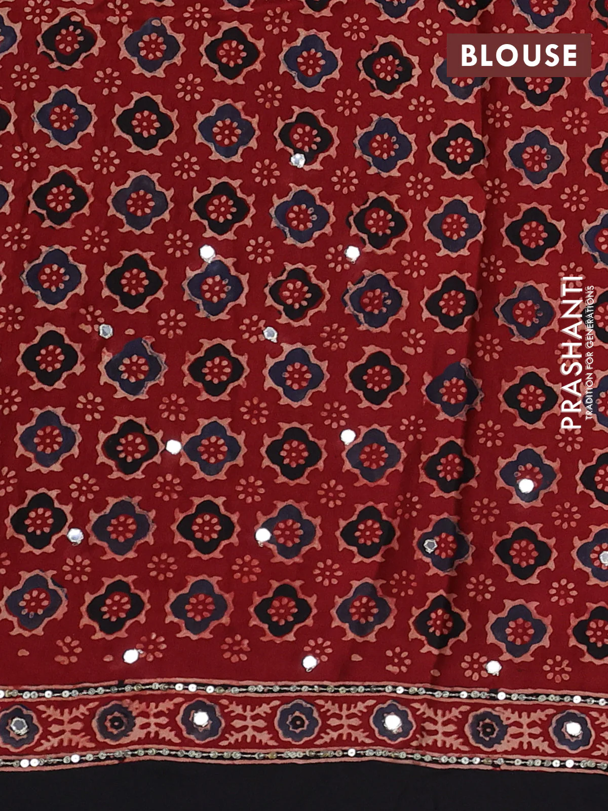 Modal silk saree maroon and black with allover ajrakh prints & mirror work and sequin embroidered work pallu - Image 3