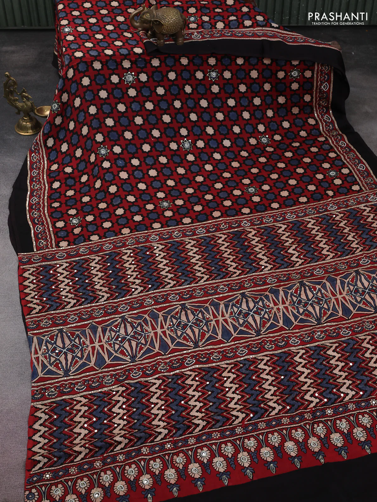 Modal silk saree maroon and black with allover ajrakh prints & pita work and embroidery pallu - Image 2