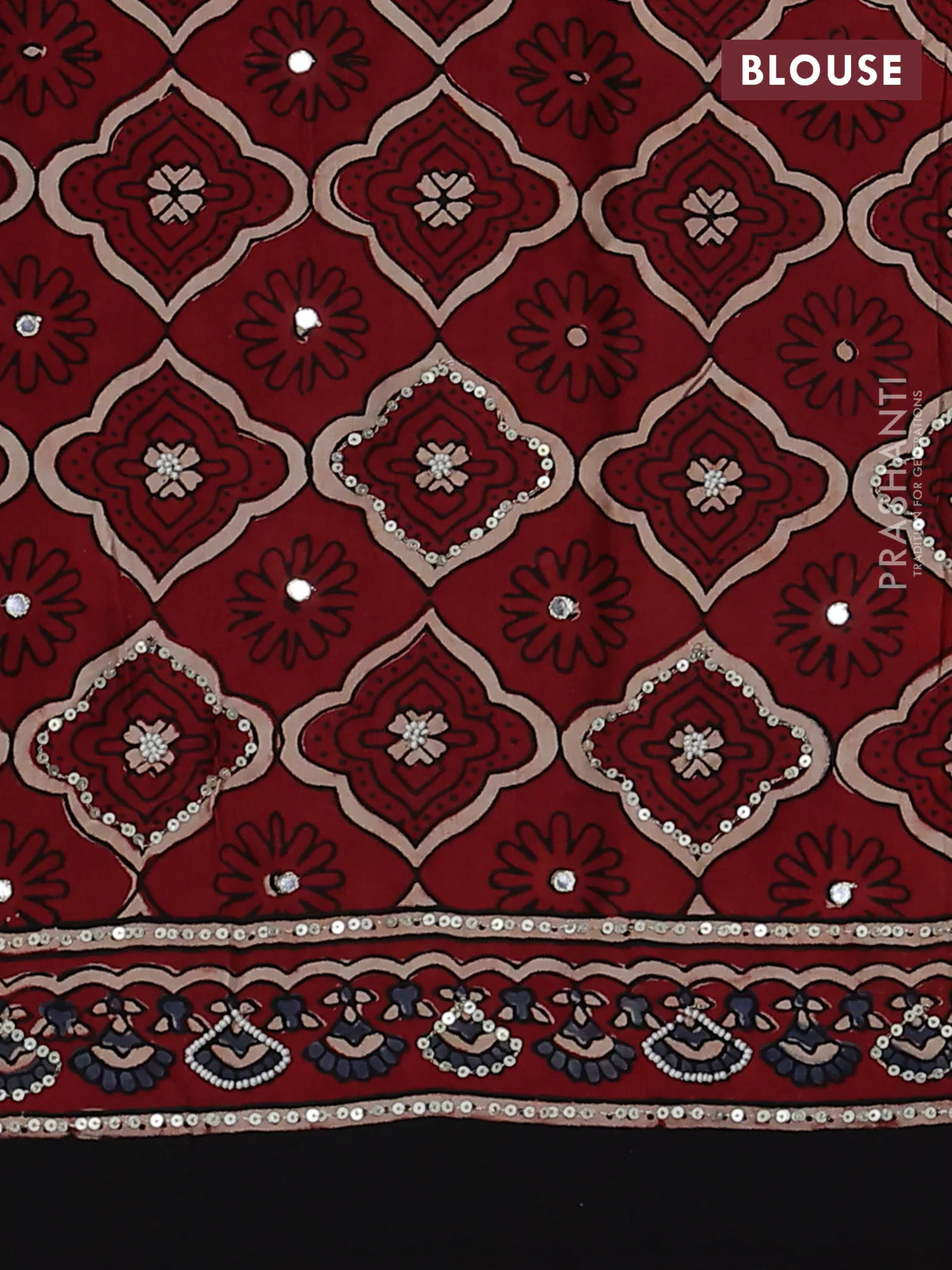 Modal silk saree maroon and black with allover ajrakh prints & pita work and embroidery pallu - Image 3