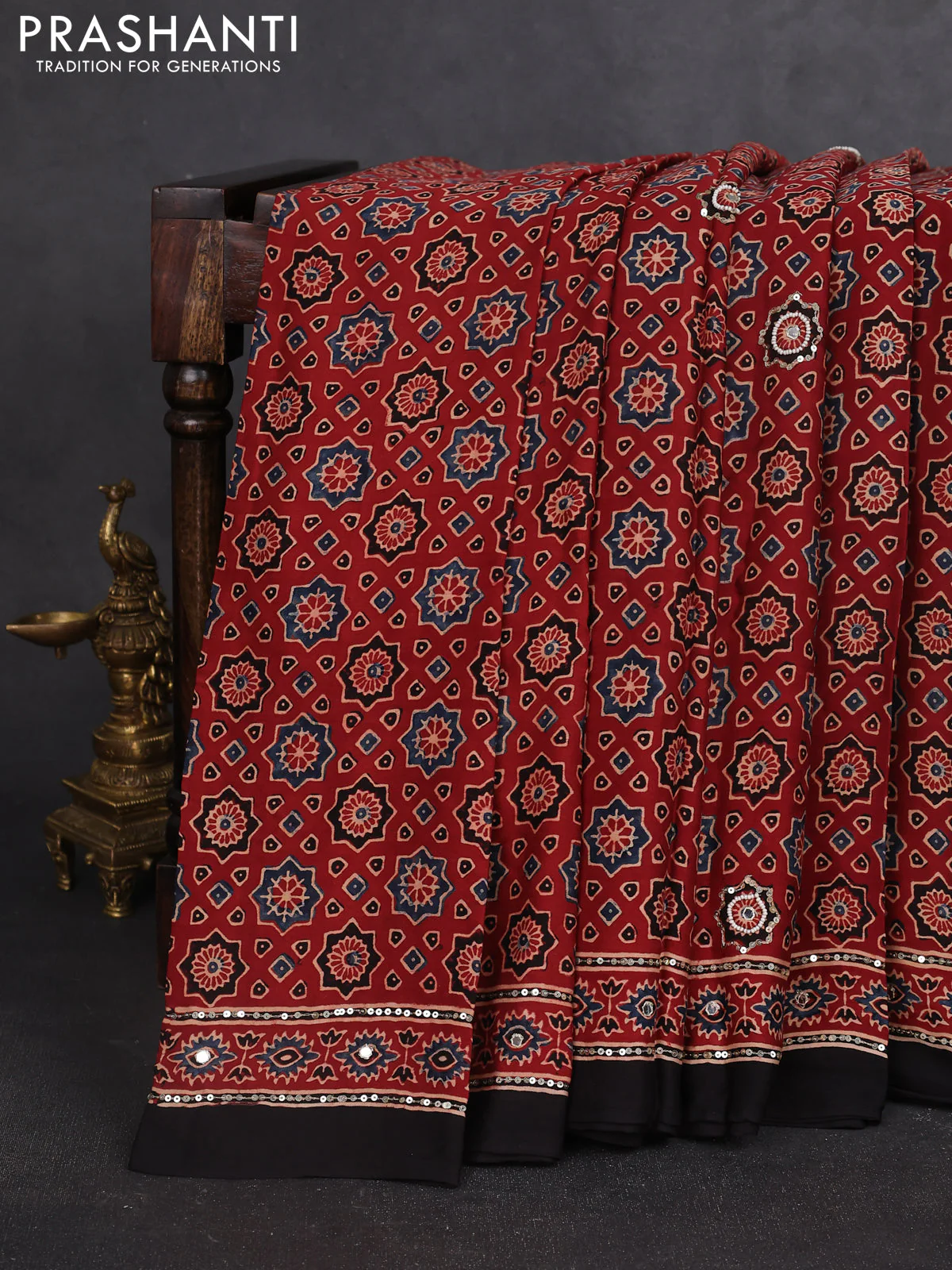 Modal silk saree maroon and black with allover ajrakh prints & sequin work and sequin embroidered work pallu