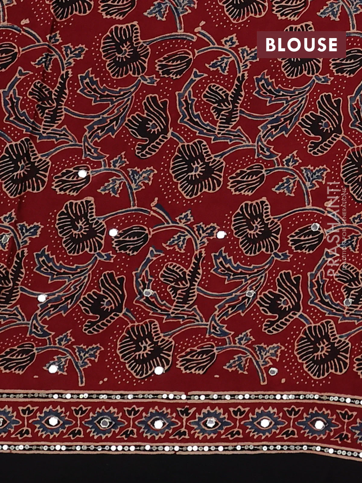 Modal silk saree maroon and black with allover ajrakh prints & sequin work and sequin embroidered work pallu - Image 3