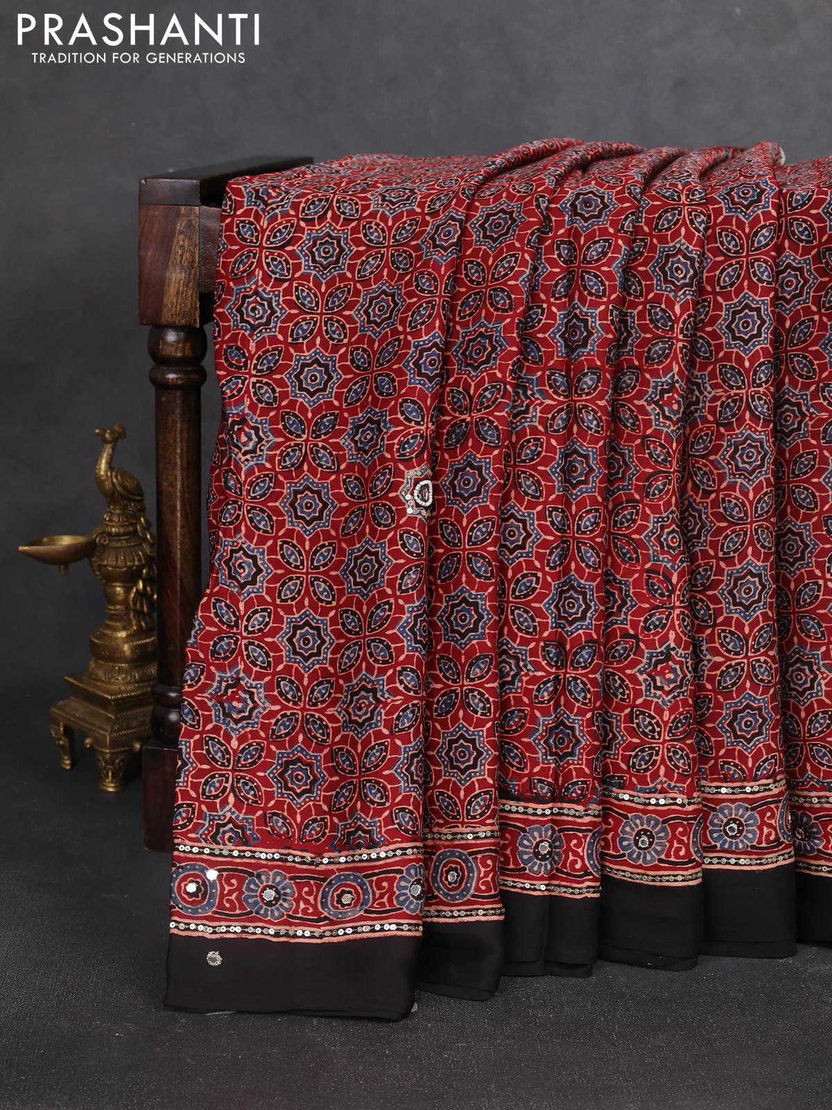 Modal silk saree maroon and black with allover ajrakh prints & sequin work and sequin embroidered work pallu
