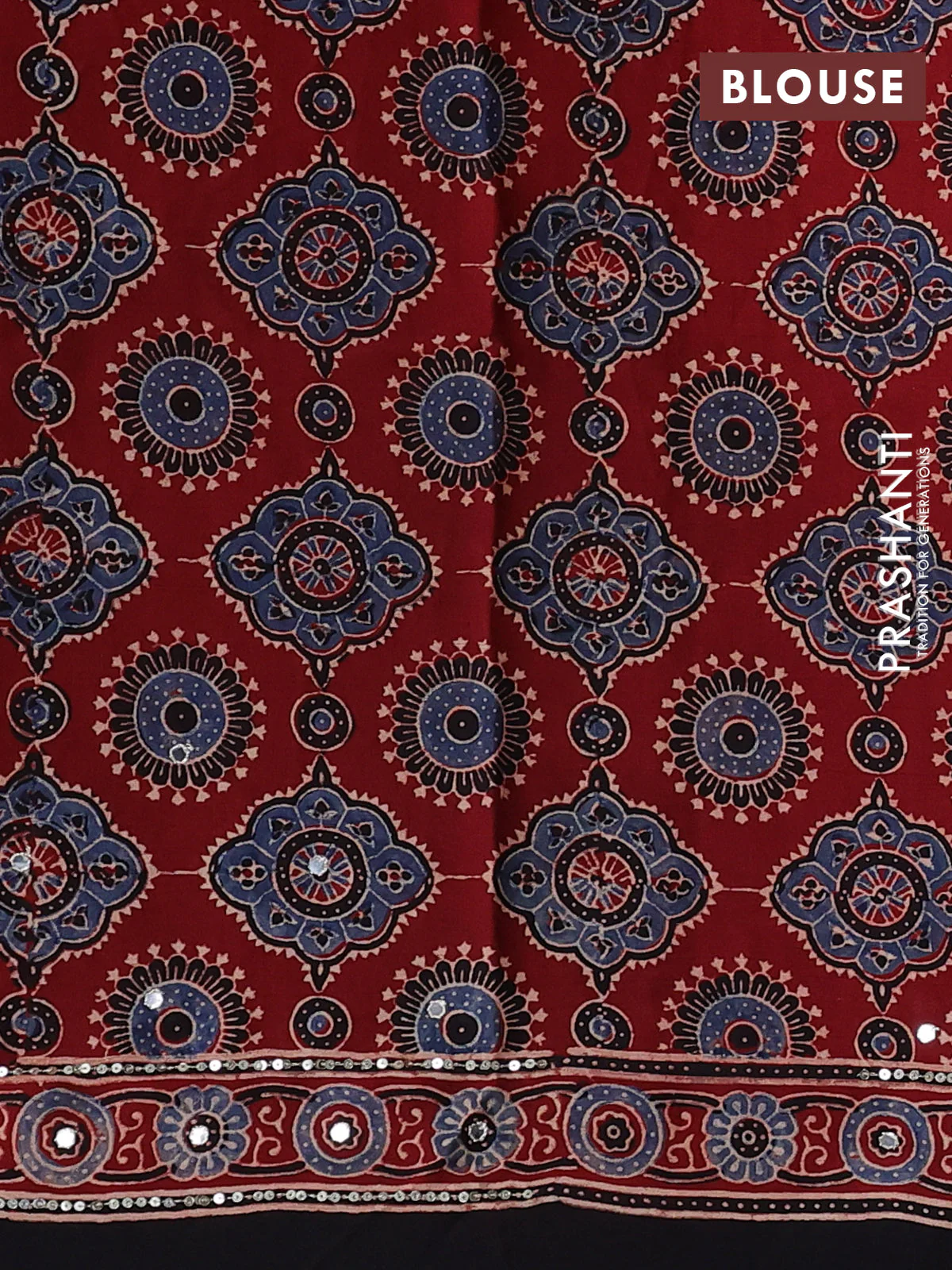 Modal silk saree maroon and black with allover ajrakh prints & sequin work and sequin embroidered work pallu - Image 3