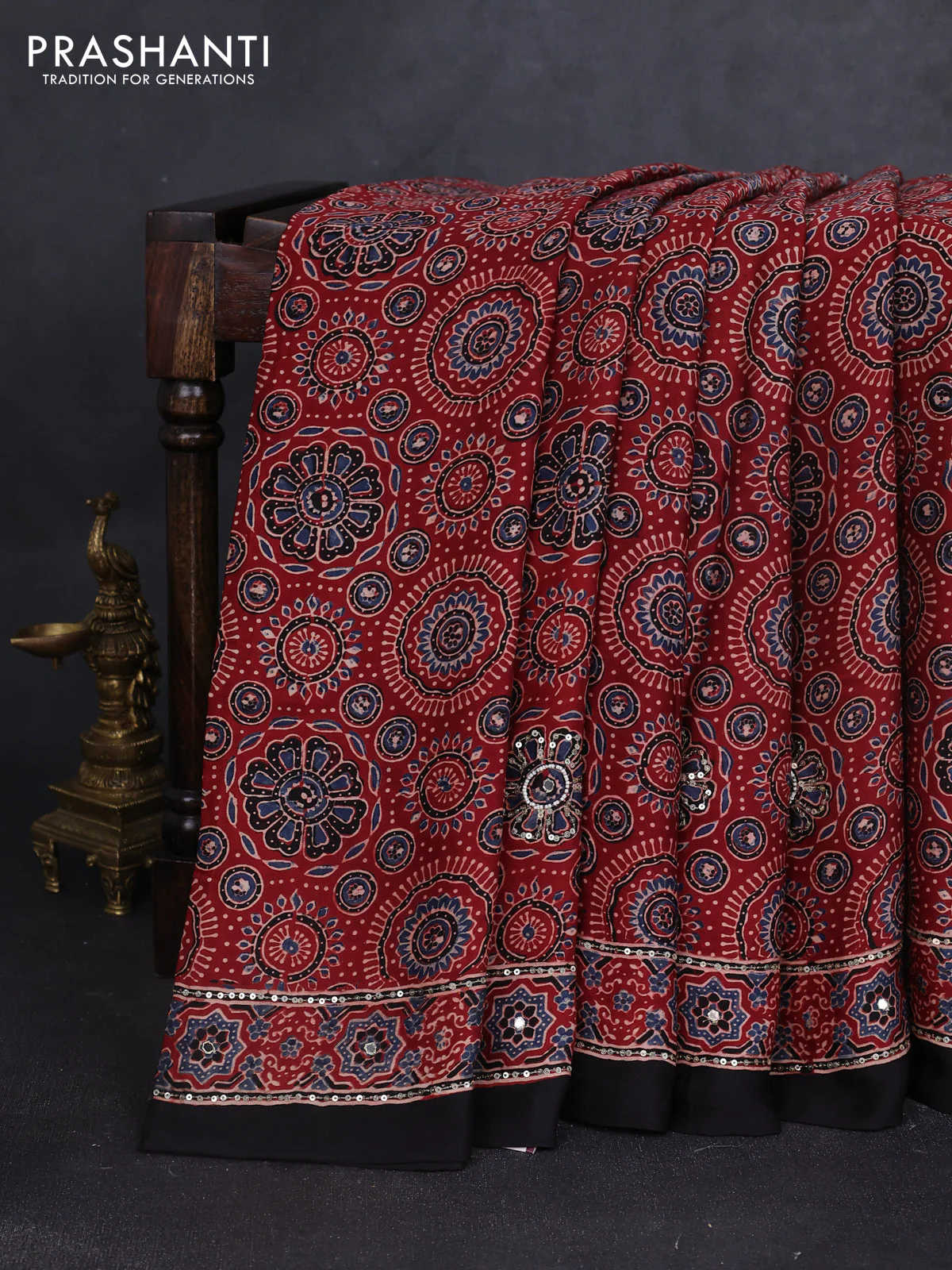 Modal silk saree maroon and black with allover ajrakh prints & sequin work and sequin embroidered work pallu