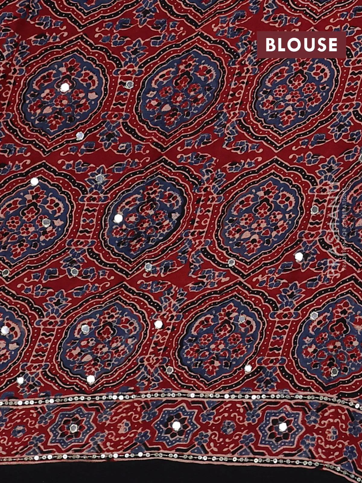 Modal silk saree maroon and black with allover ajrakh prints & sequin work and sequin embroidered work pallu - Image 3