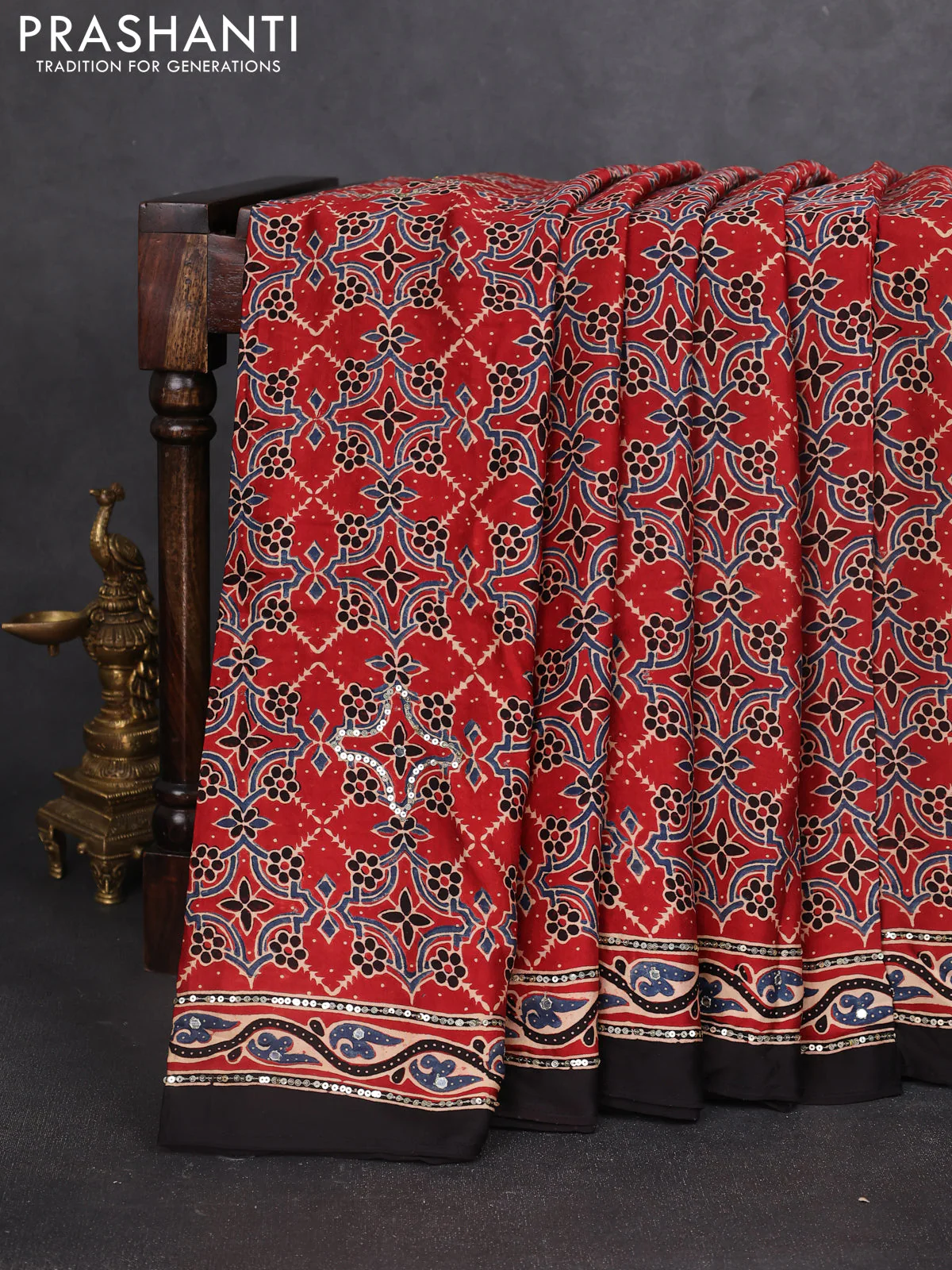 Modal silk saree maroon and black with allover ajrakh prints & sequin work and sequin embroidered work pallu