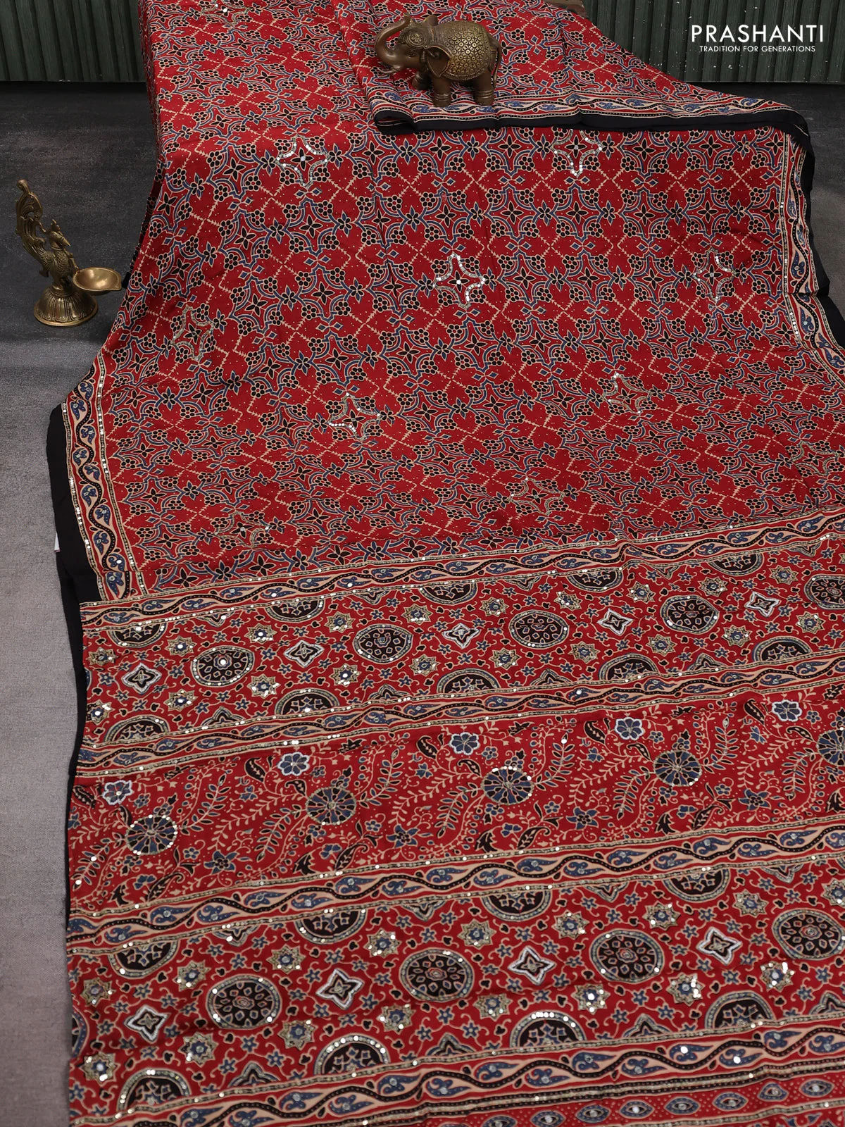Modal silk saree maroon and black with allover ajrakh prints & sequin work and sequin embroidered work pallu - Image 2