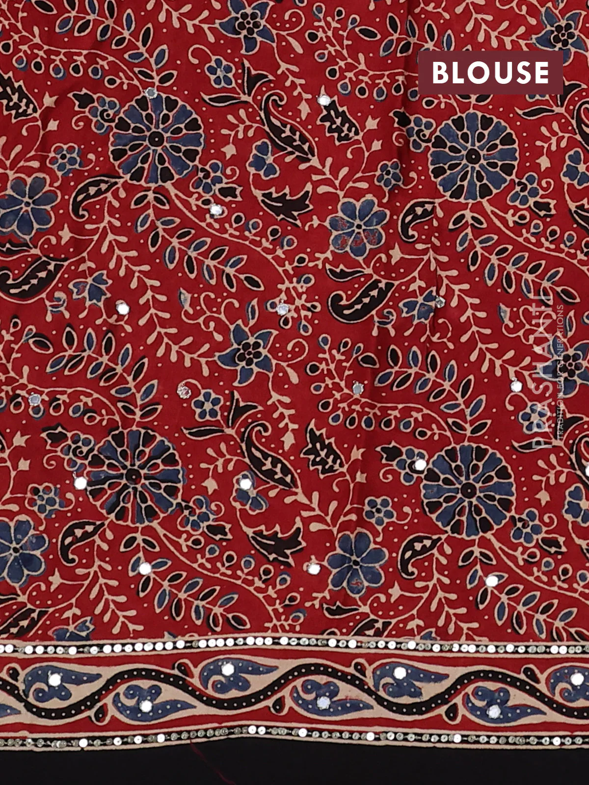 Modal silk saree maroon and black with allover ajrakh prints & sequin work and sequin embroidered work pallu - Image 3