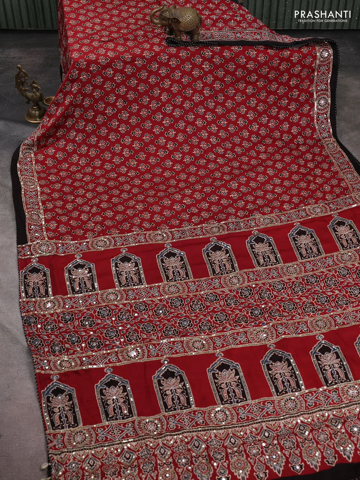 Modal silk saree maroon and coffee brown with allover ajrakh prints  and sequin embroidered work pallu - Image 2