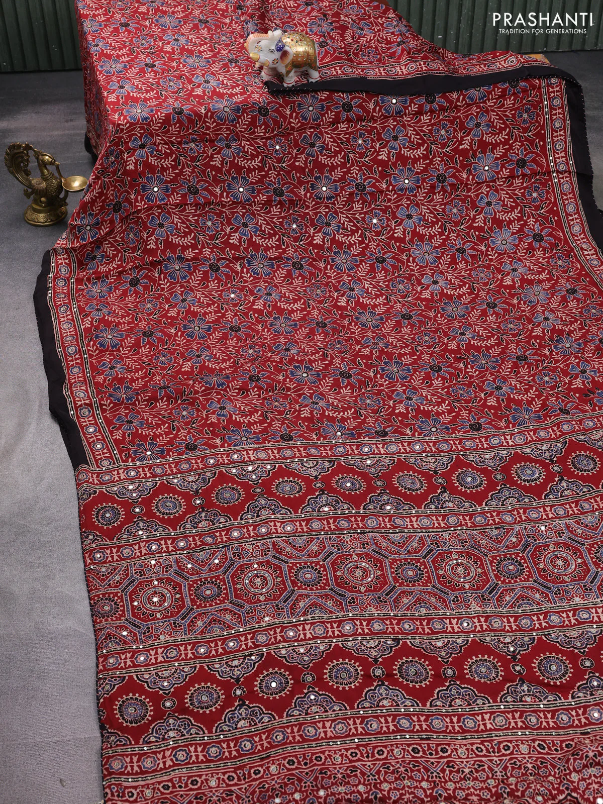 Modal silk saree maroon and coffee brown with allover ajrakh prints and sequin embroidered work pallu - Image 2