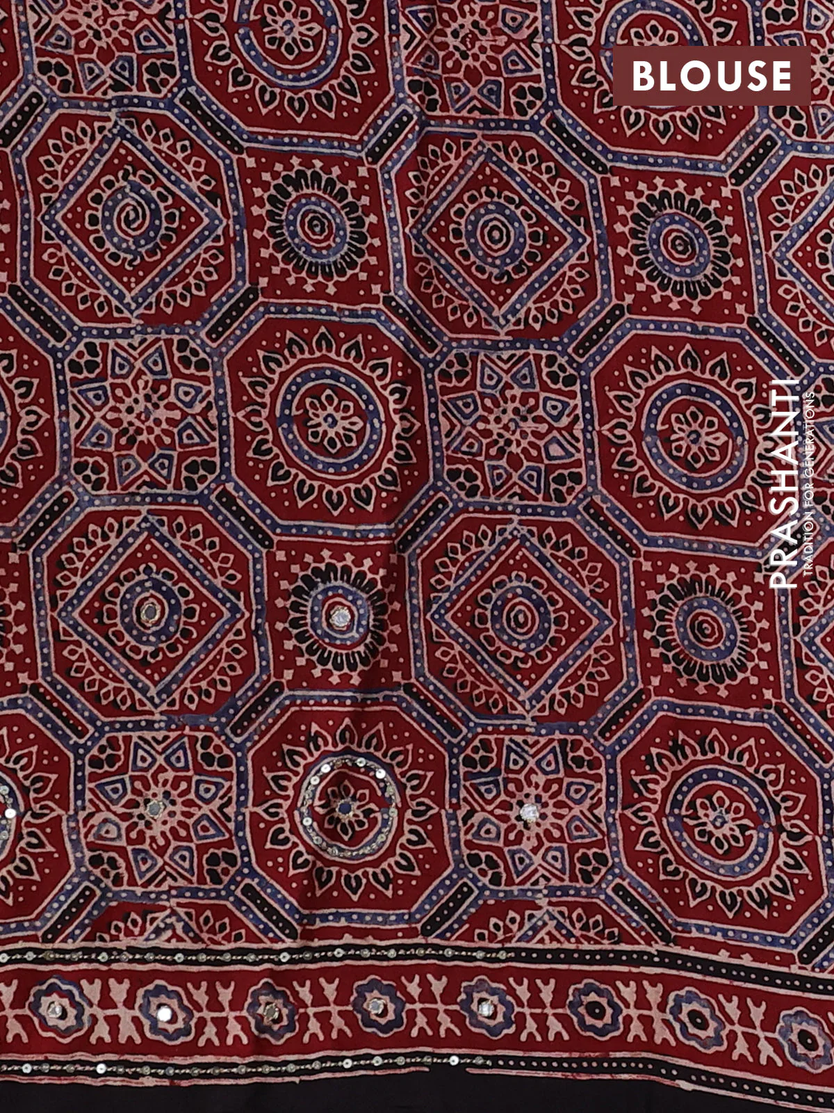 Modal silk saree maroon and coffee brown with allover ajrakh prints and sequin embroidered work pallu - Image 3