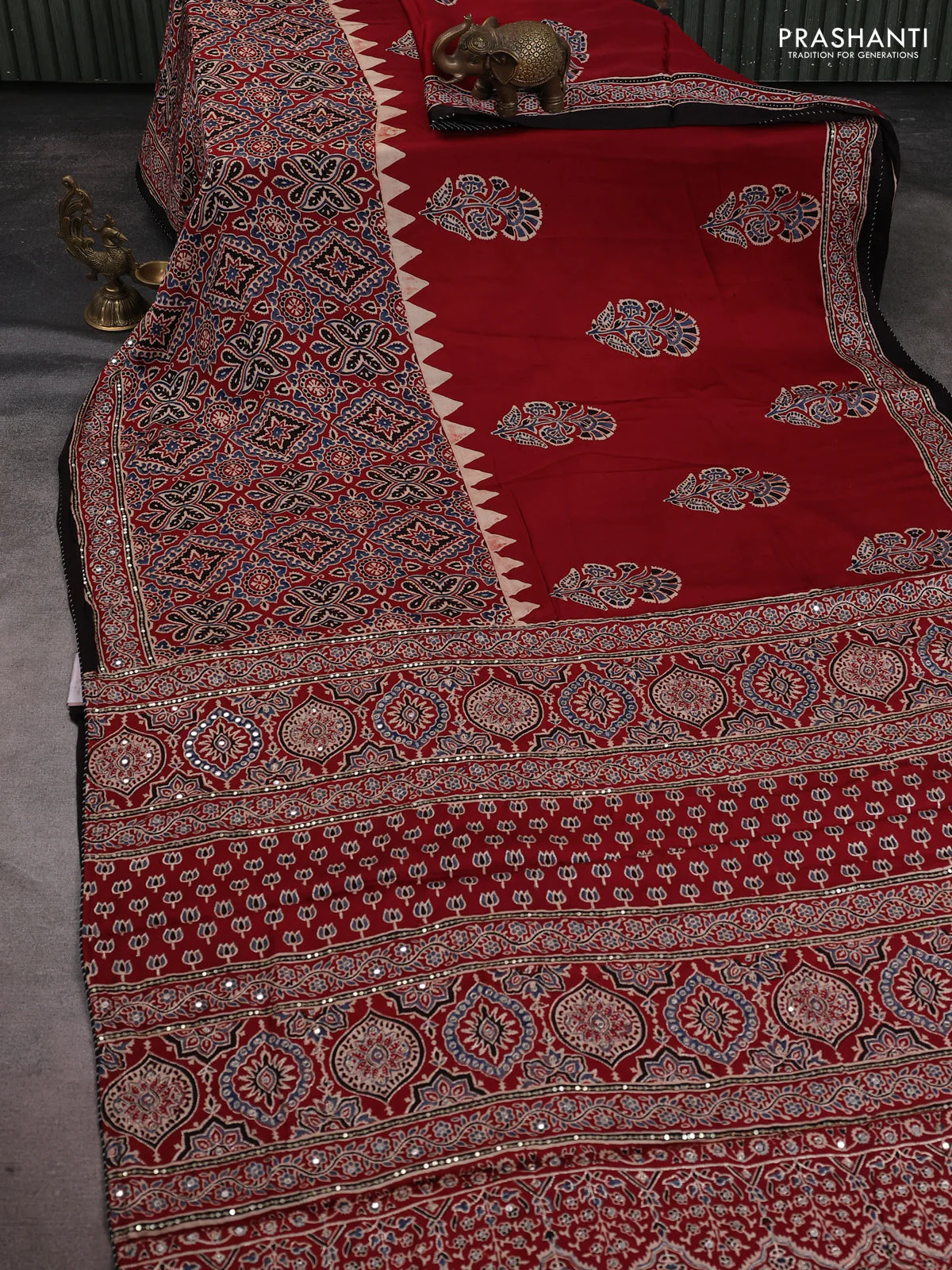 Modal silk saree maroon and coffee brown with allover ajrakh prints and sequin embroidered work pallu - Image 2