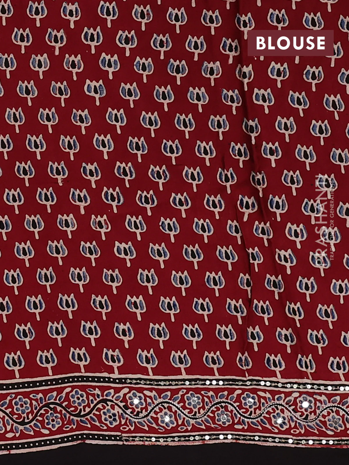 Modal silk saree maroon and coffee brown with allover ajrakh prints and sequin embroidered work pallu - Image 3