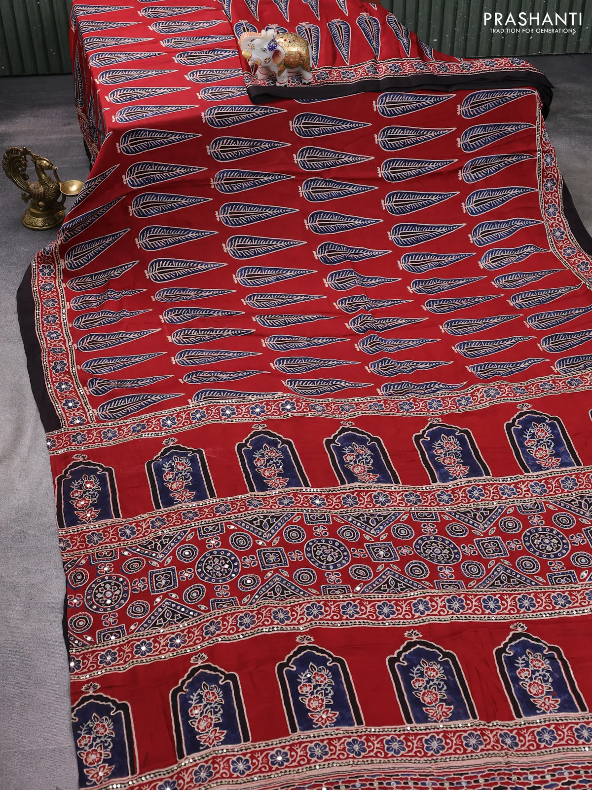 Modal silk saree maroon and coffee brown with allover ajrakh prints & mirror work and sequin embroidered work pallu - Image 2