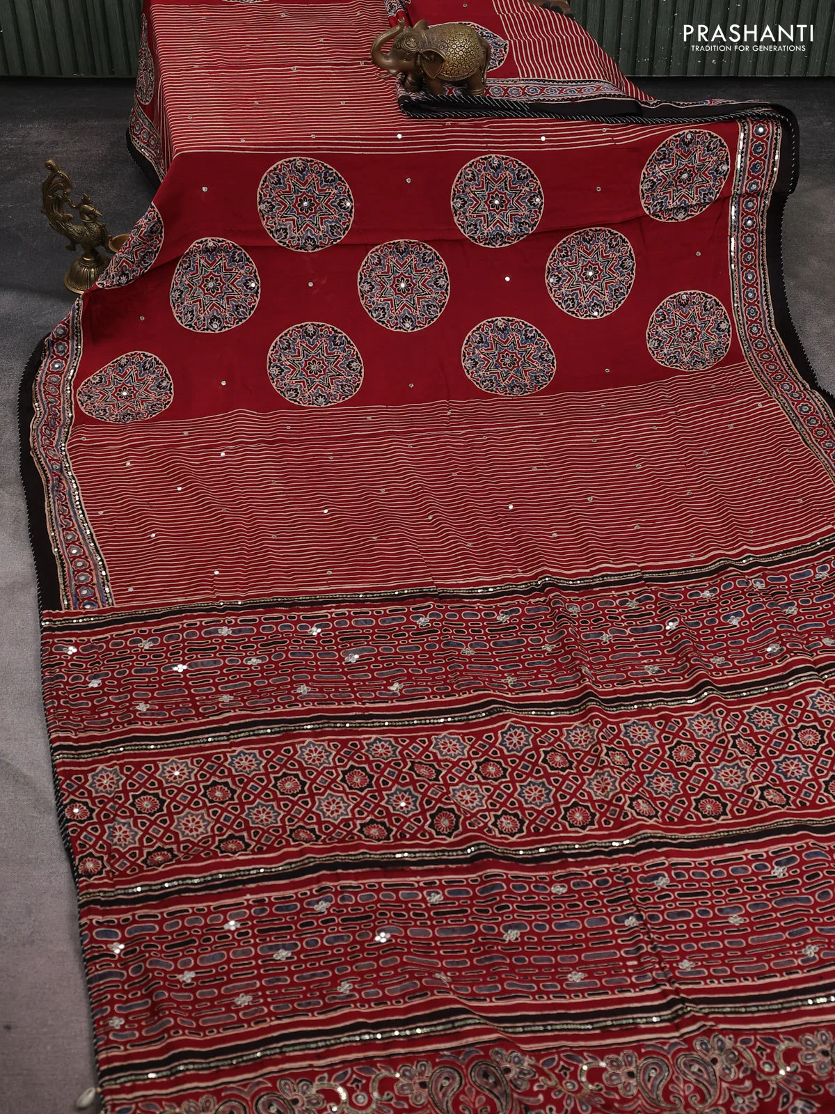 Modal silk saree maroon and coffee brown with allover ajrakh prints & mirror work and sequin embroidered work pallu - Image 2
