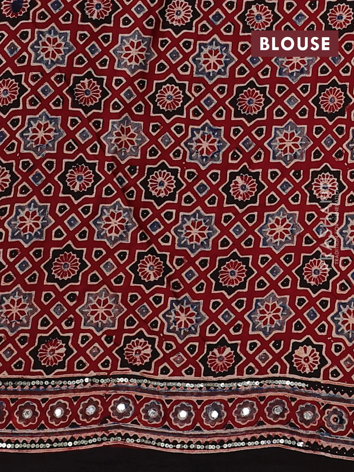 Modal silk saree maroon and coffee brown with allover ajrakh prints & mirror work and sequin embroidered work pallu - Image 3