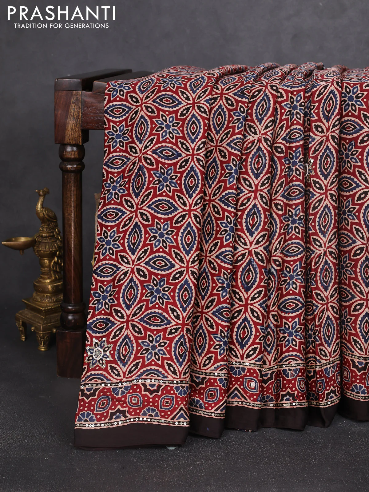 Modal silk saree maroon and coffee brown with allover ajrakh prints & sequin work and sequin embroidered work pallu
