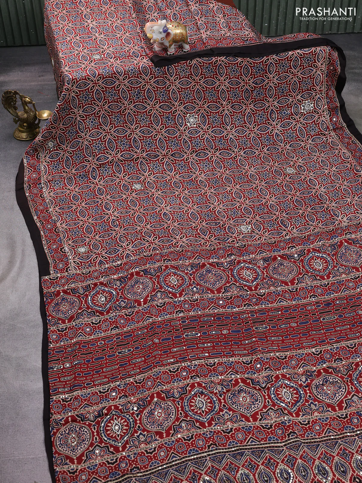Modal silk saree maroon and coffee brown with allover ajrakh prints & sequin work and sequin embroidered work pallu - Image 2
