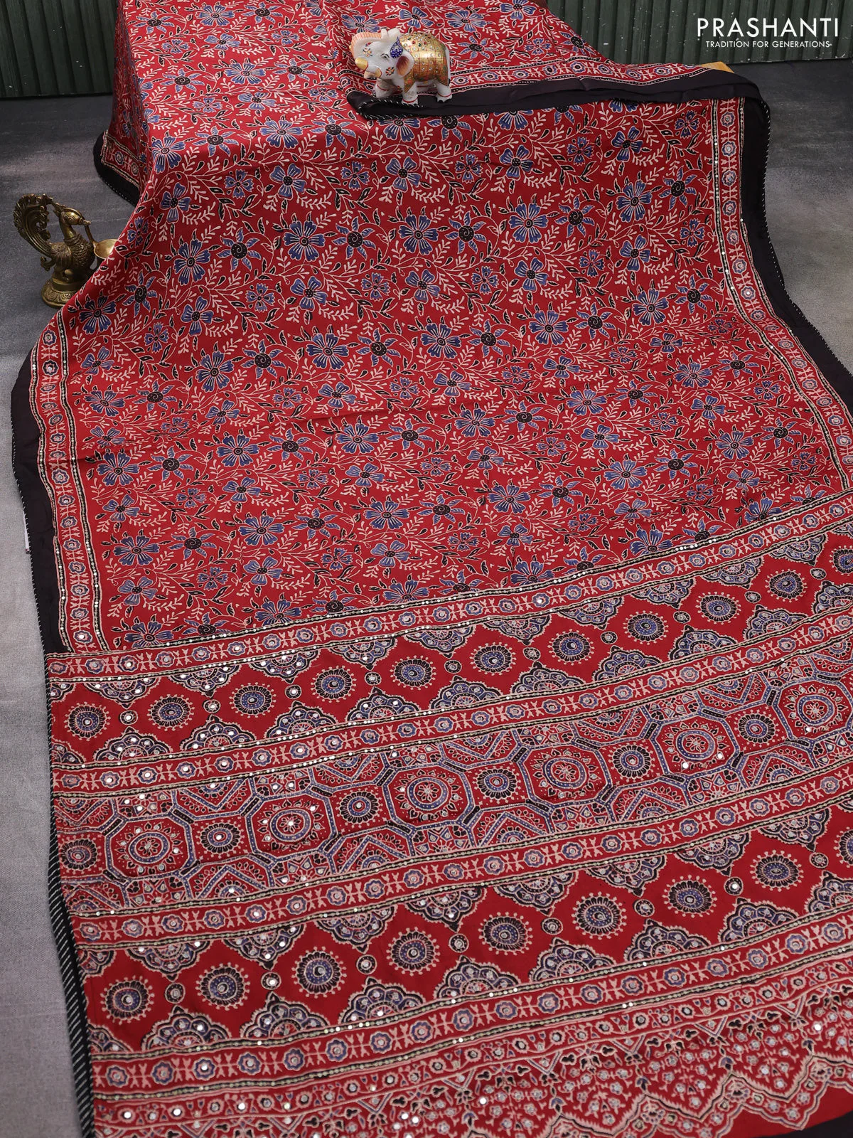 Modal silk saree maroon and coffee brown with allover ajrakh prints & sequin work and sequin embroidered work pallu - Image 2