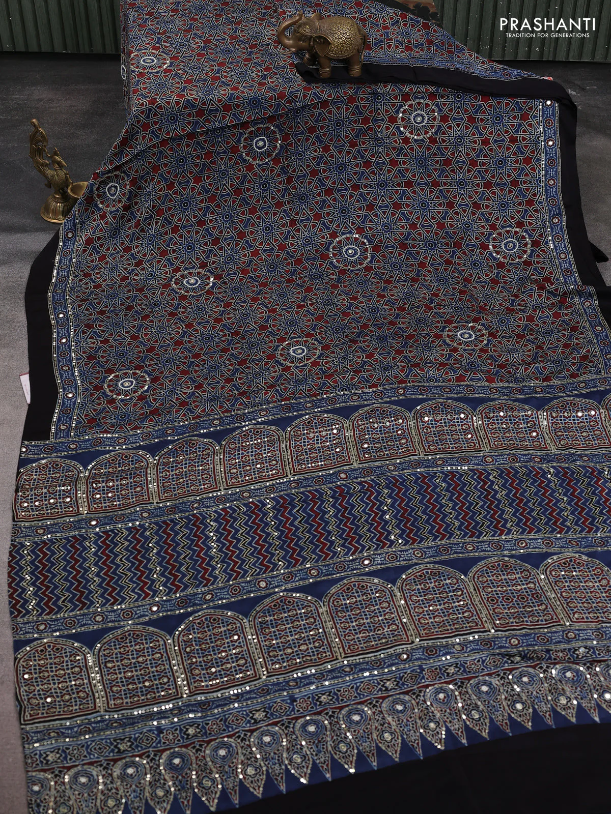 Modal silk saree maroon and indigo blue with allover ajrakh prints & sequin work and sequin embroidered work pallu - Image 2