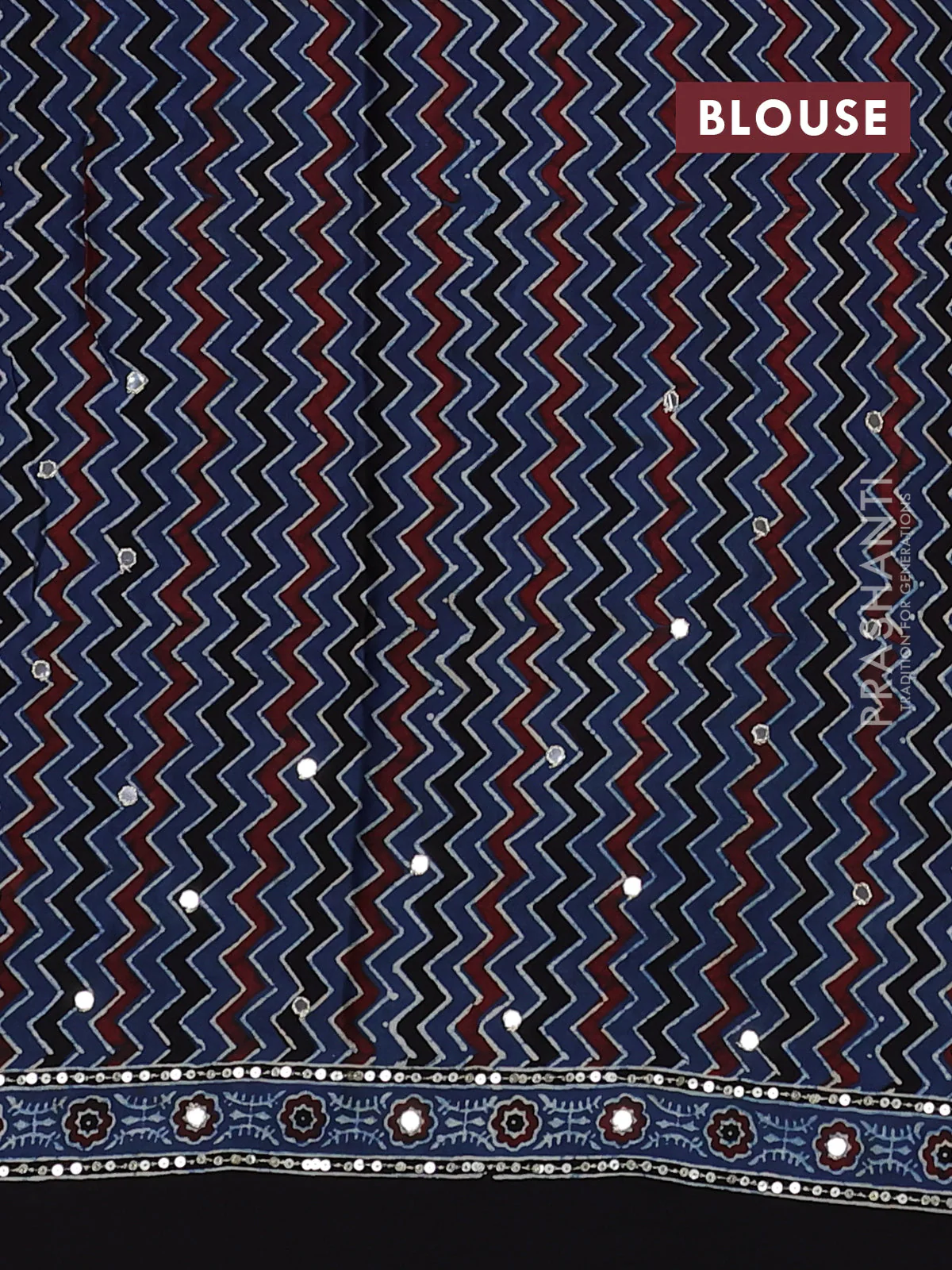 Modal silk saree maroon and indigo blue with allover ajrakh prints & sequin work and sequin embroidered work pallu - Image 3