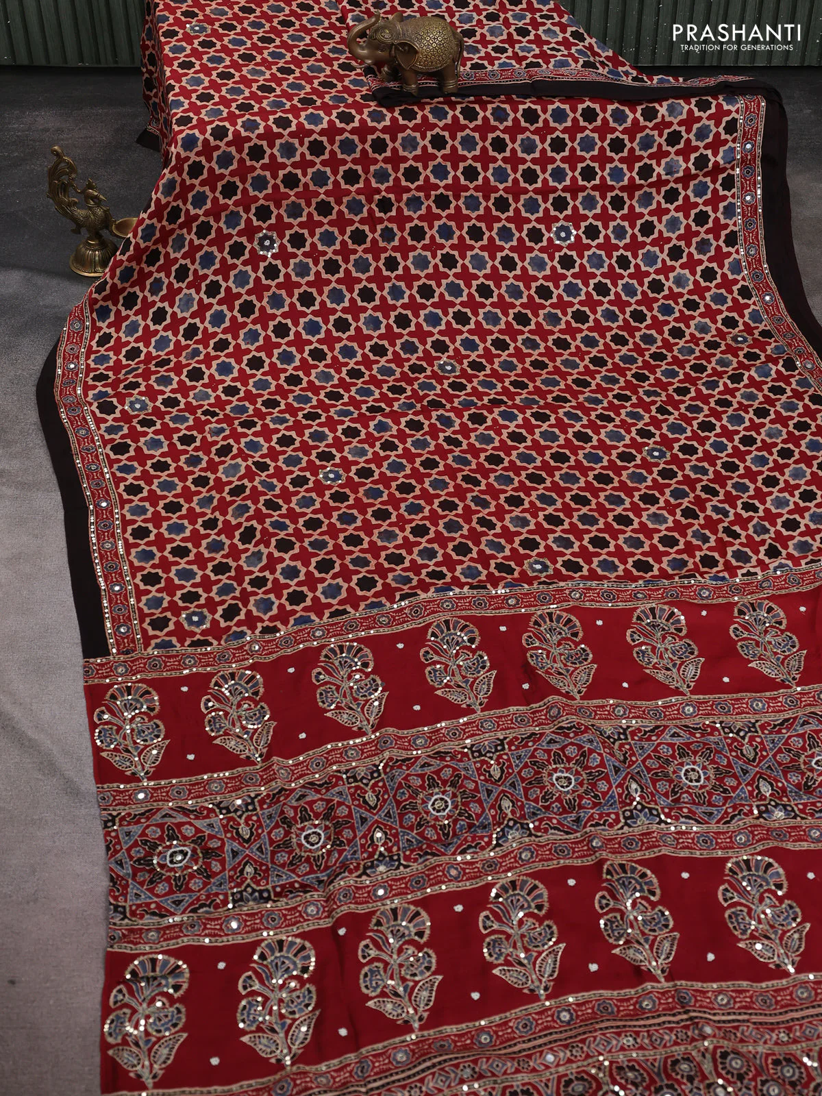 Modal silk saree maroon beige and coffee brown with allover ajrakh prints & sequin work and sequin embroidered work pallu - Image 2