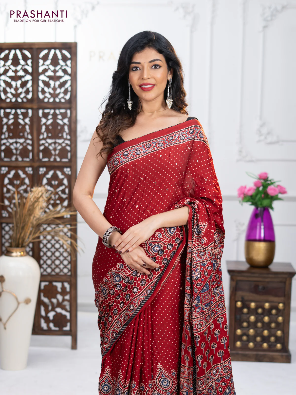 Modal silk saree maroon with ajrakh prints & mirror work and sequin embroidered work pallu - Image 2