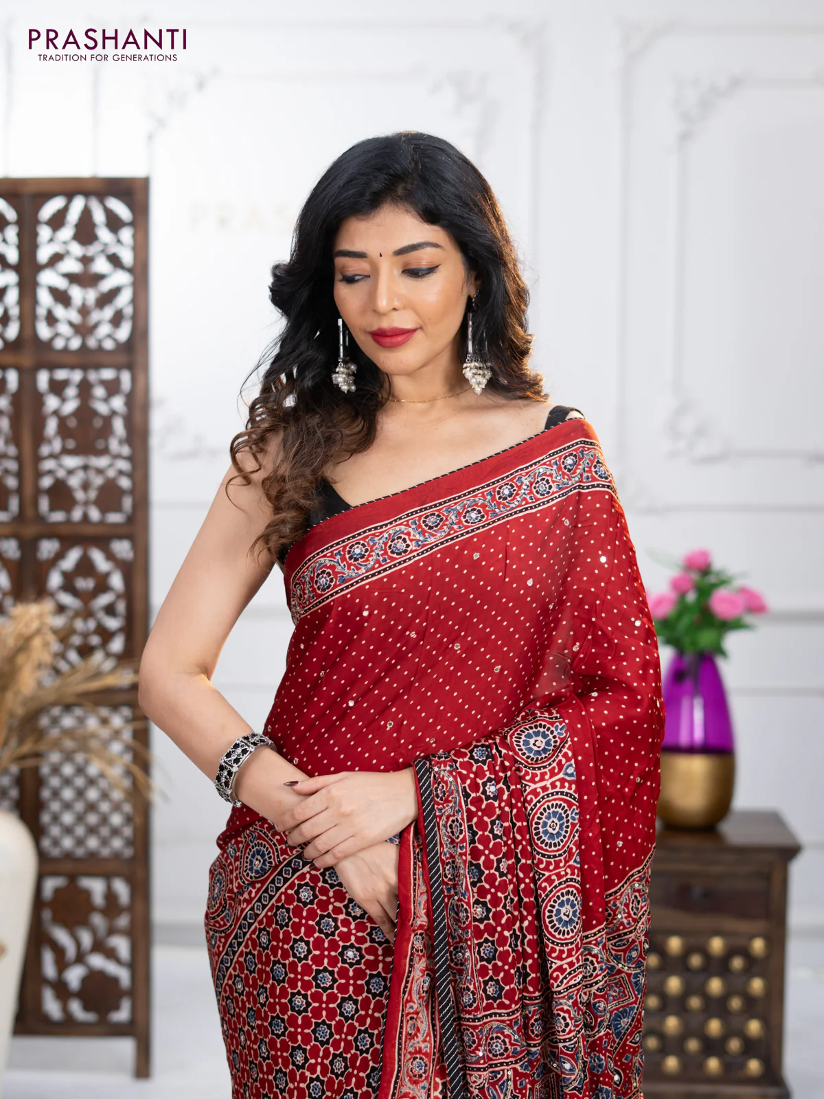 Modal silk saree maroon with ajrakh prints & mirror work and sequin embroidered work pallu - Image 3