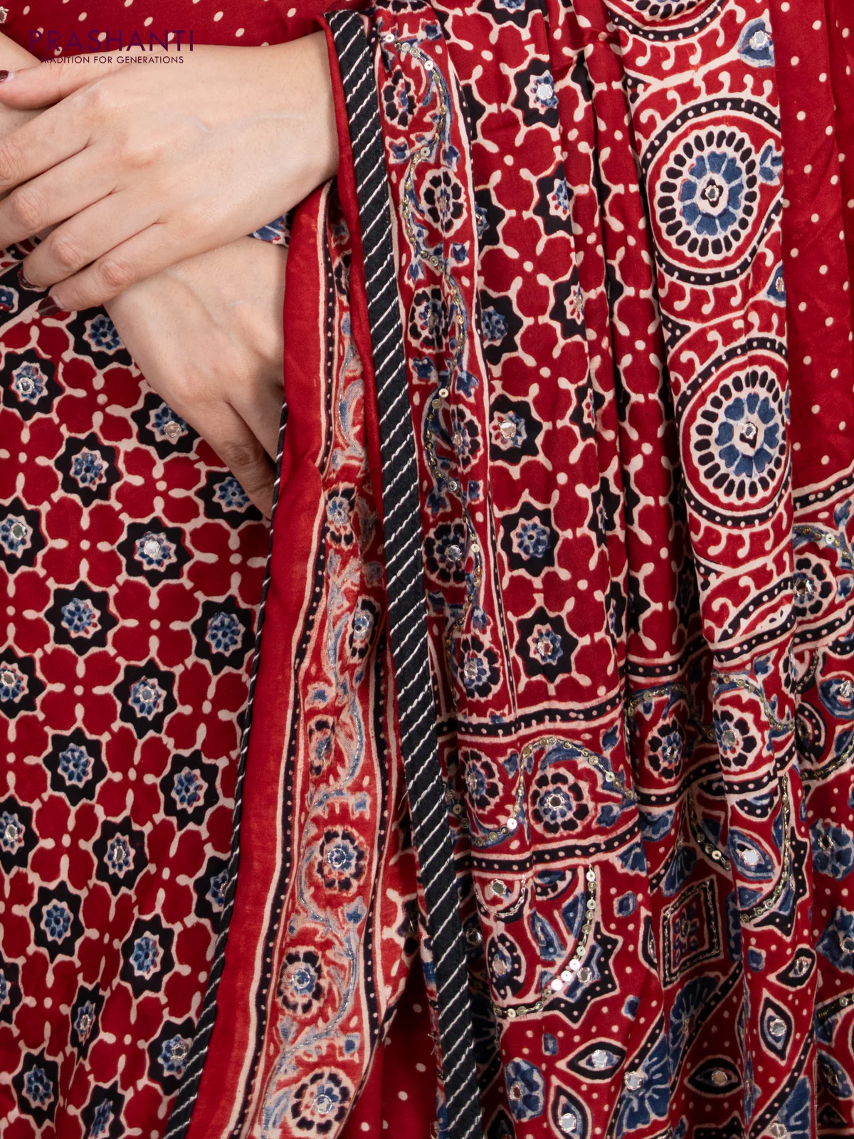 Modal silk saree maroon with ajrakh prints & mirror work and sequin embroidered work pallu - Image 4